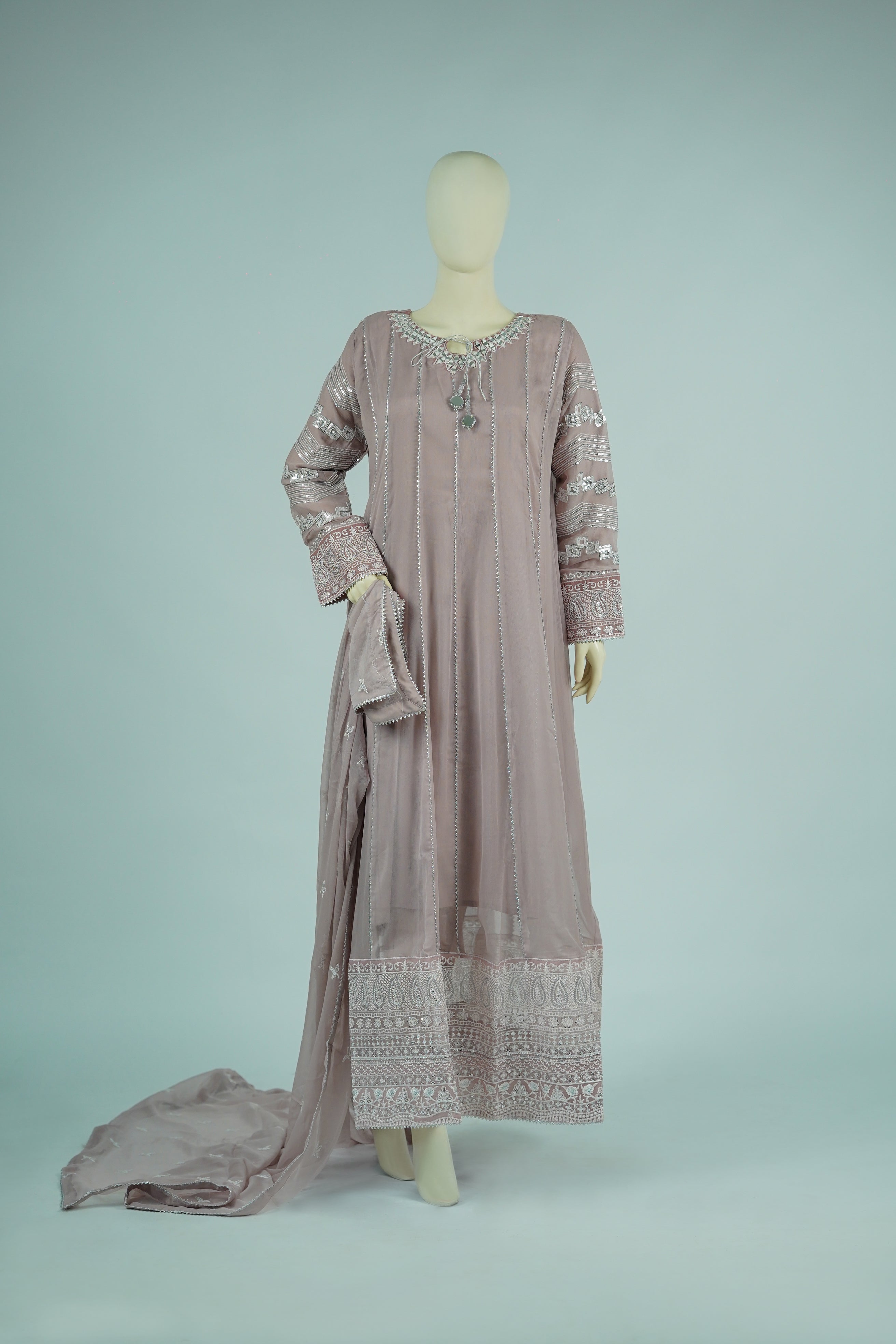 Magician – 3pcs Embroidered Chiffon Maxi Set with Mirror Handwork & Dupatta