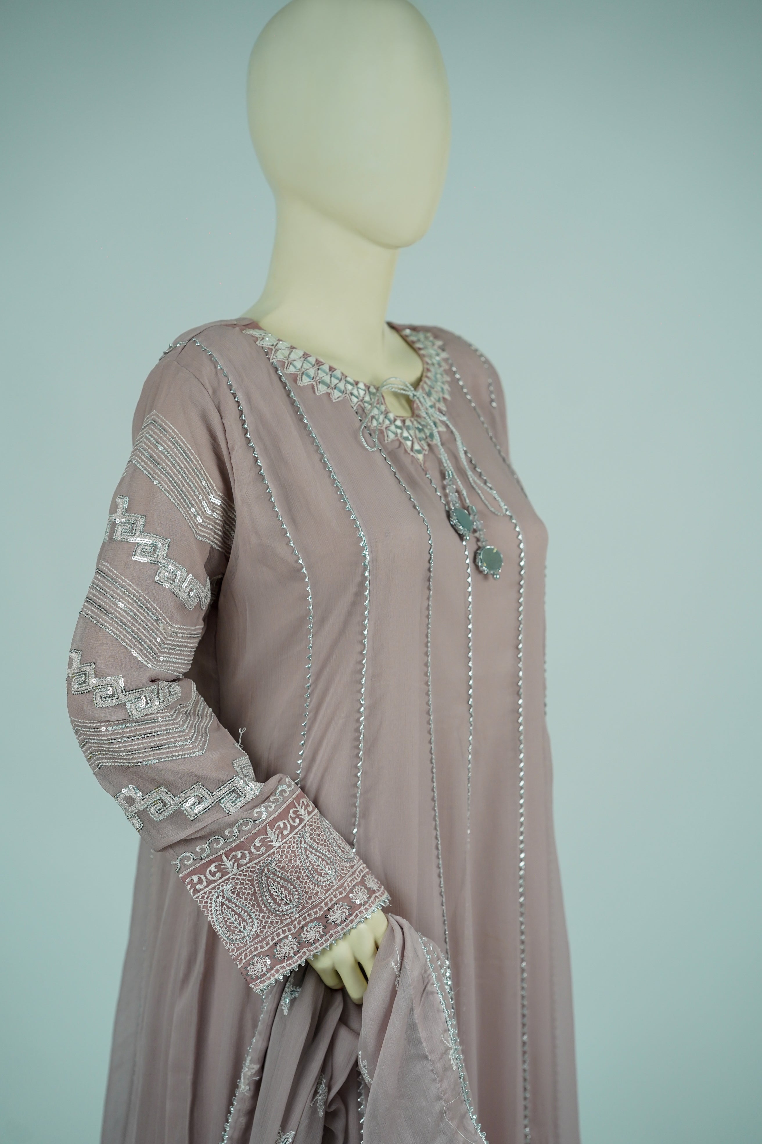 Magician – 3pcs Embroidered Chiffon Maxi Set with Mirror Handwork & Dupatta
