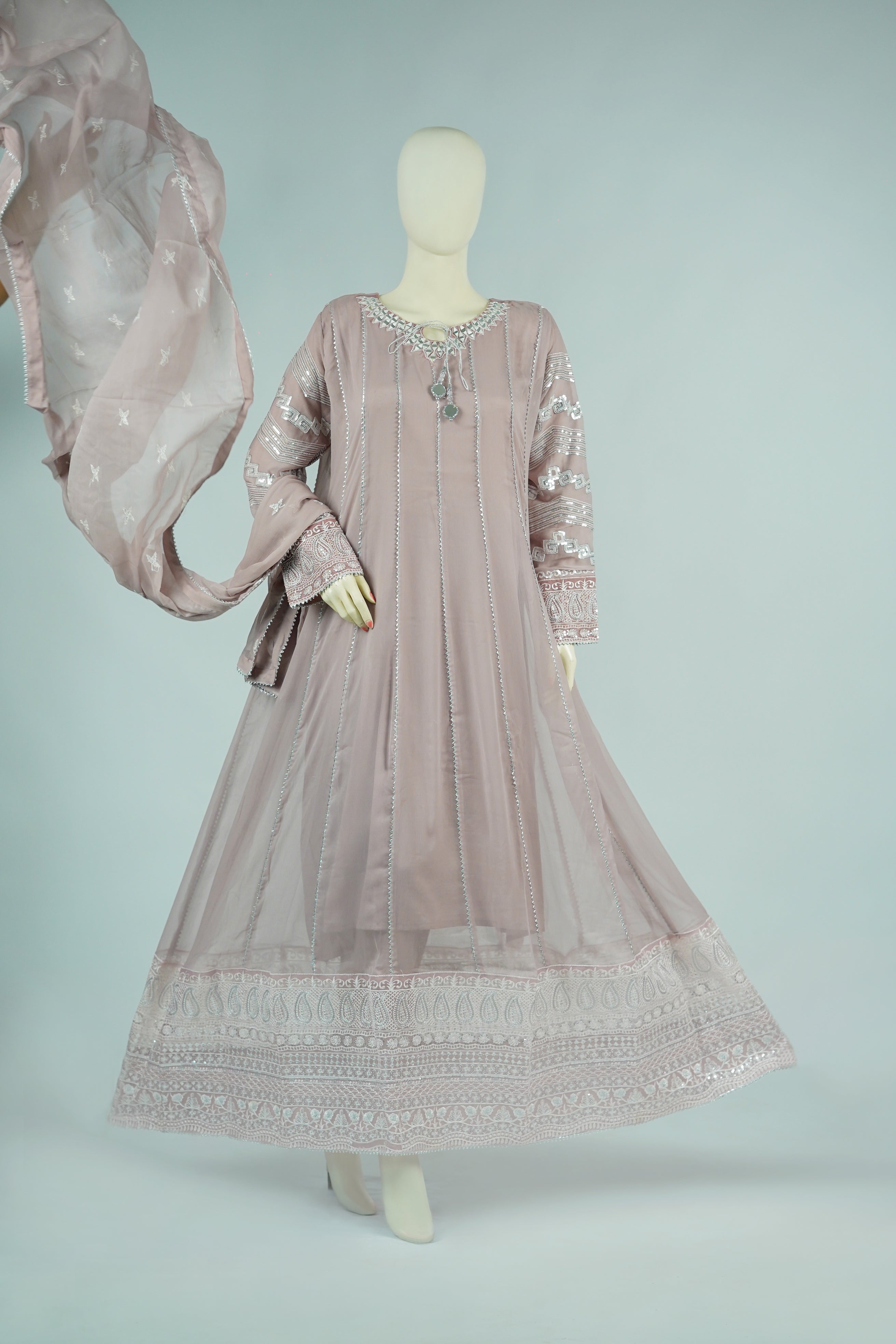 Magician – 3pcs Embroidered Chiffon Maxi Set with Mirror Handwork & Dupatta