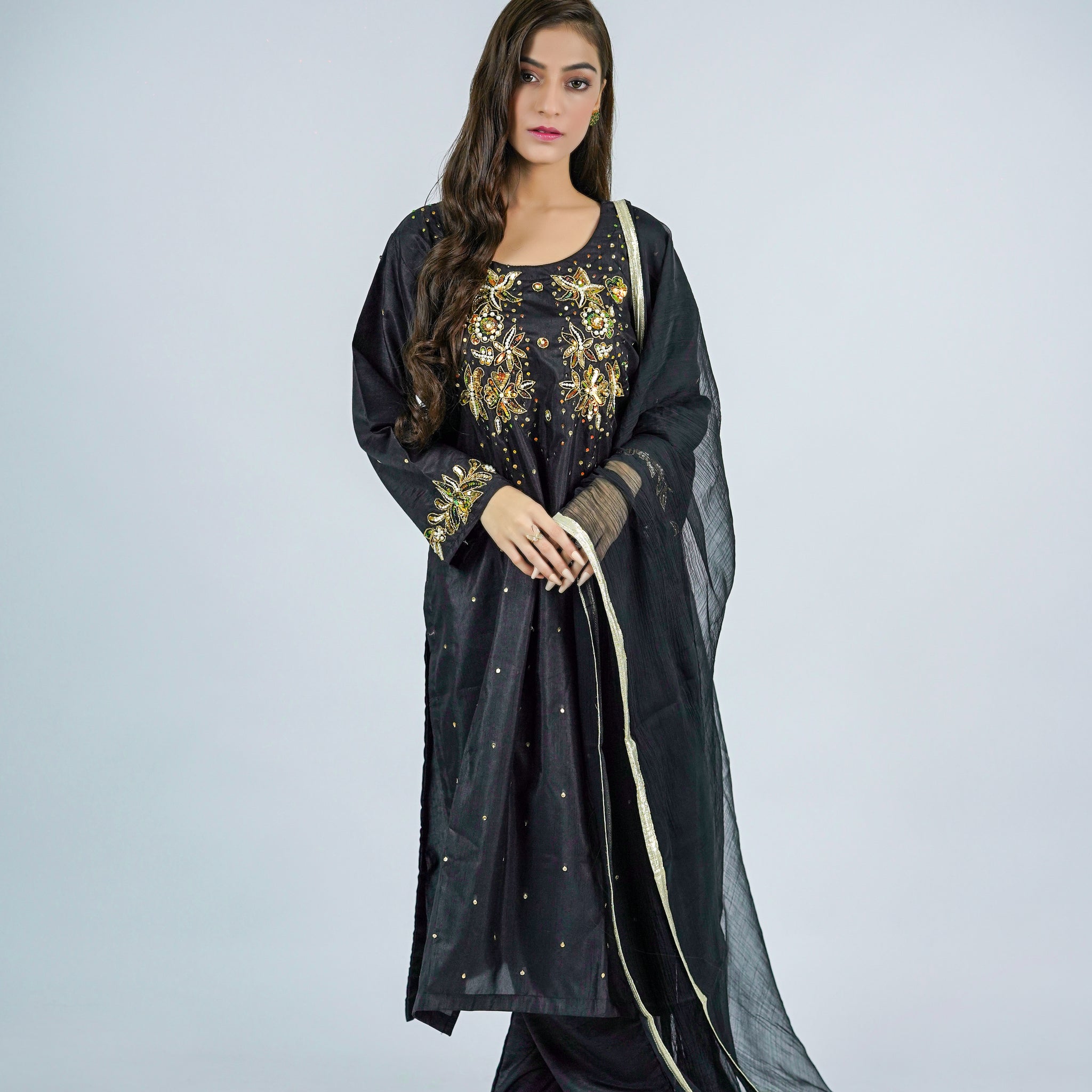 Husna – 3pcs Russian Silk Suit with Chiffon Dupatta