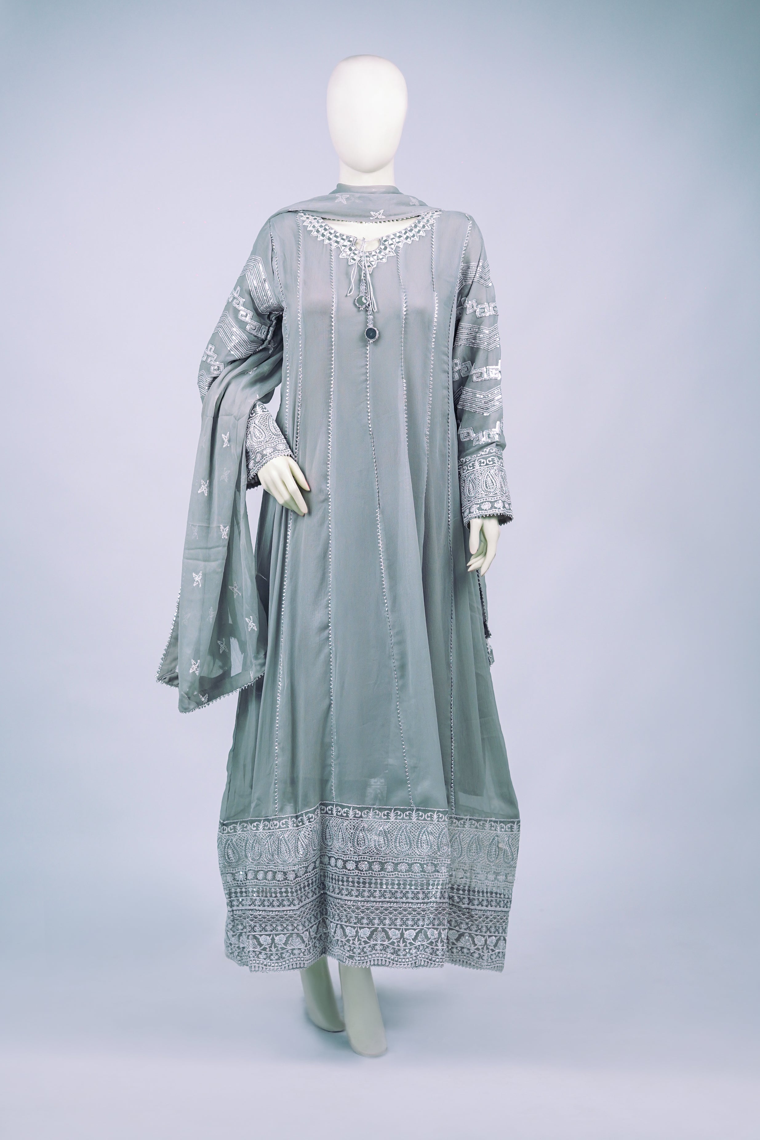 Magician – 3pcs Embroidered Chiffon Maxi Set with Mirror Handwork & Dupatta