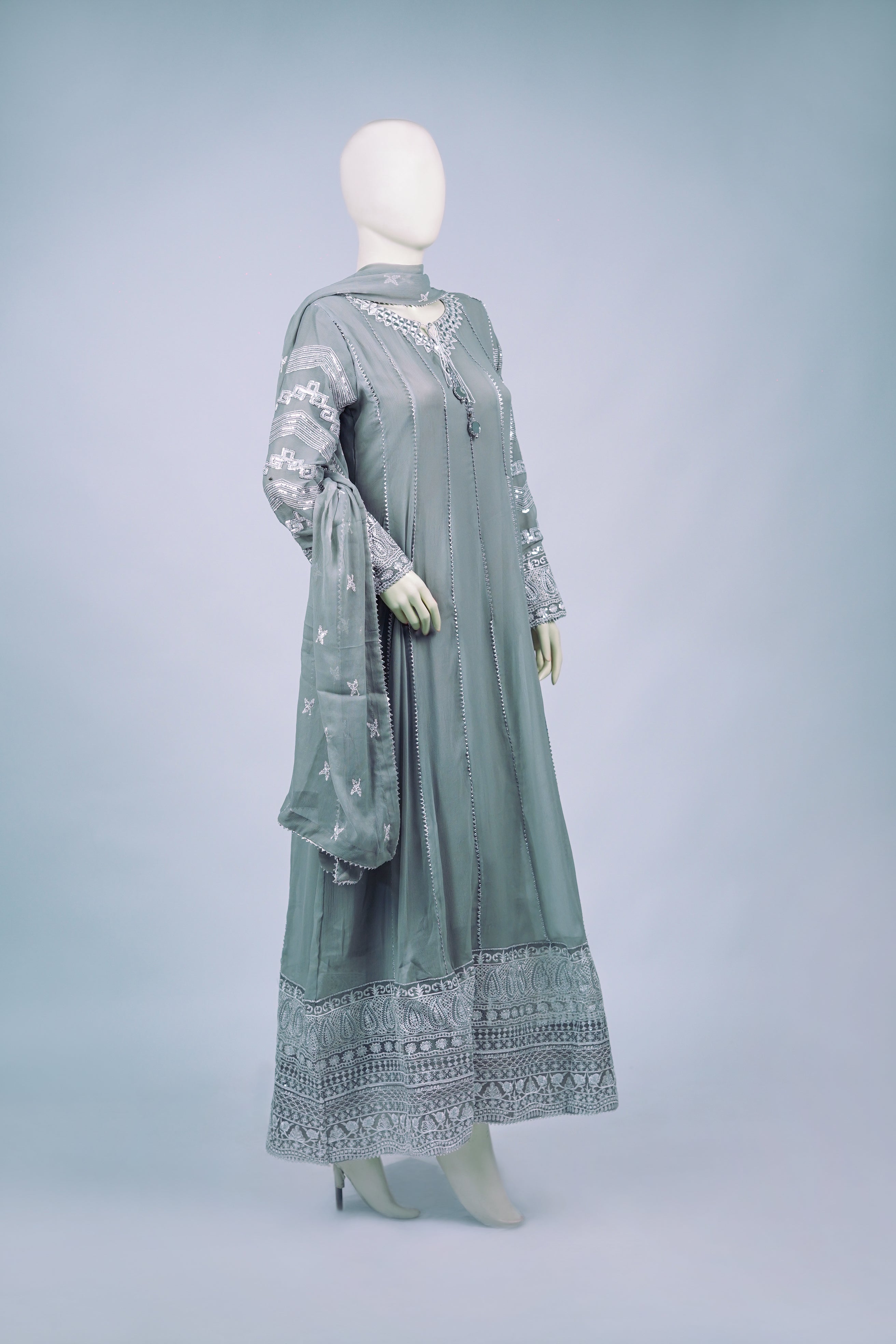 Magician – 3pcs Embroidered Chiffon Maxi Set with Mirror Handwork & Dupatta