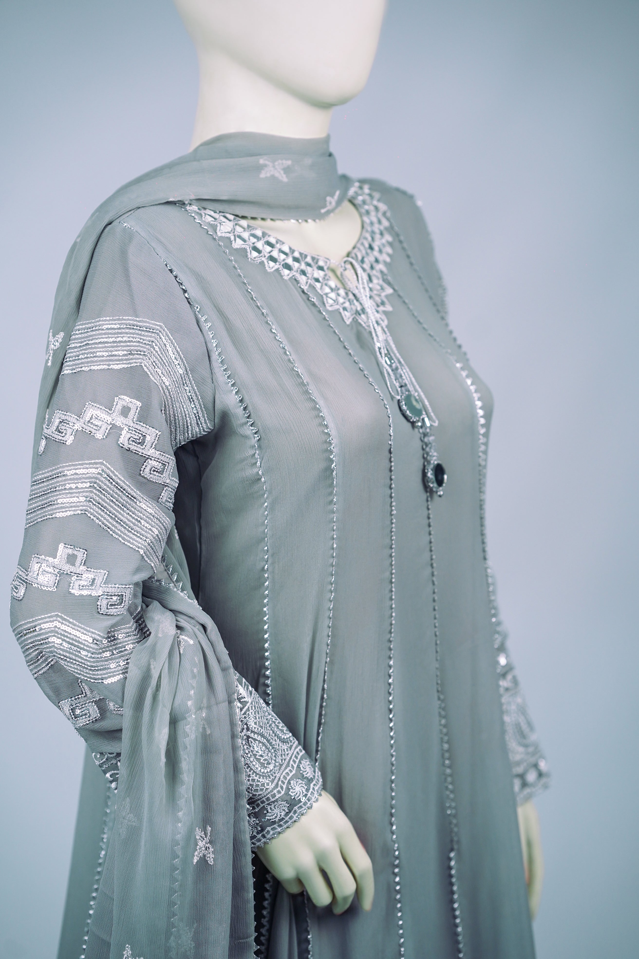 Magician – 3pcs Embroidered Chiffon Maxi Set with Mirror Handwork & Dupatta