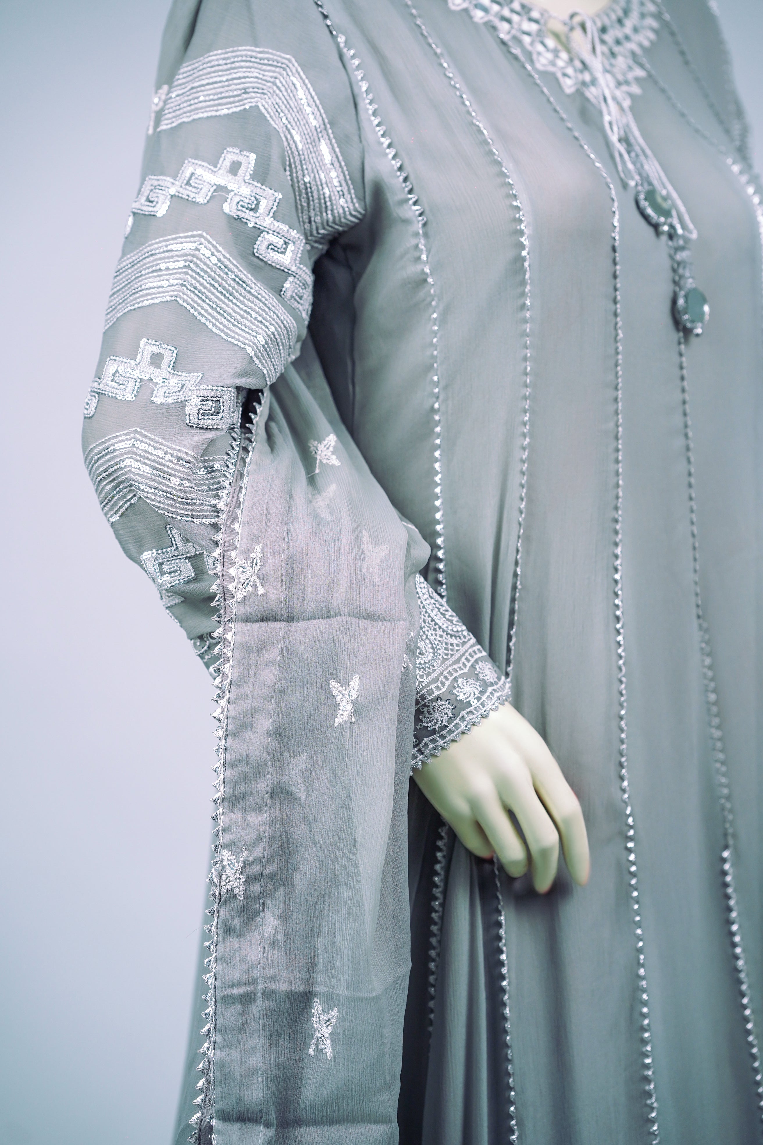 Magician – 3pcs Embroidered Chiffon Maxi Set with Mirror Handwork & Dupatta