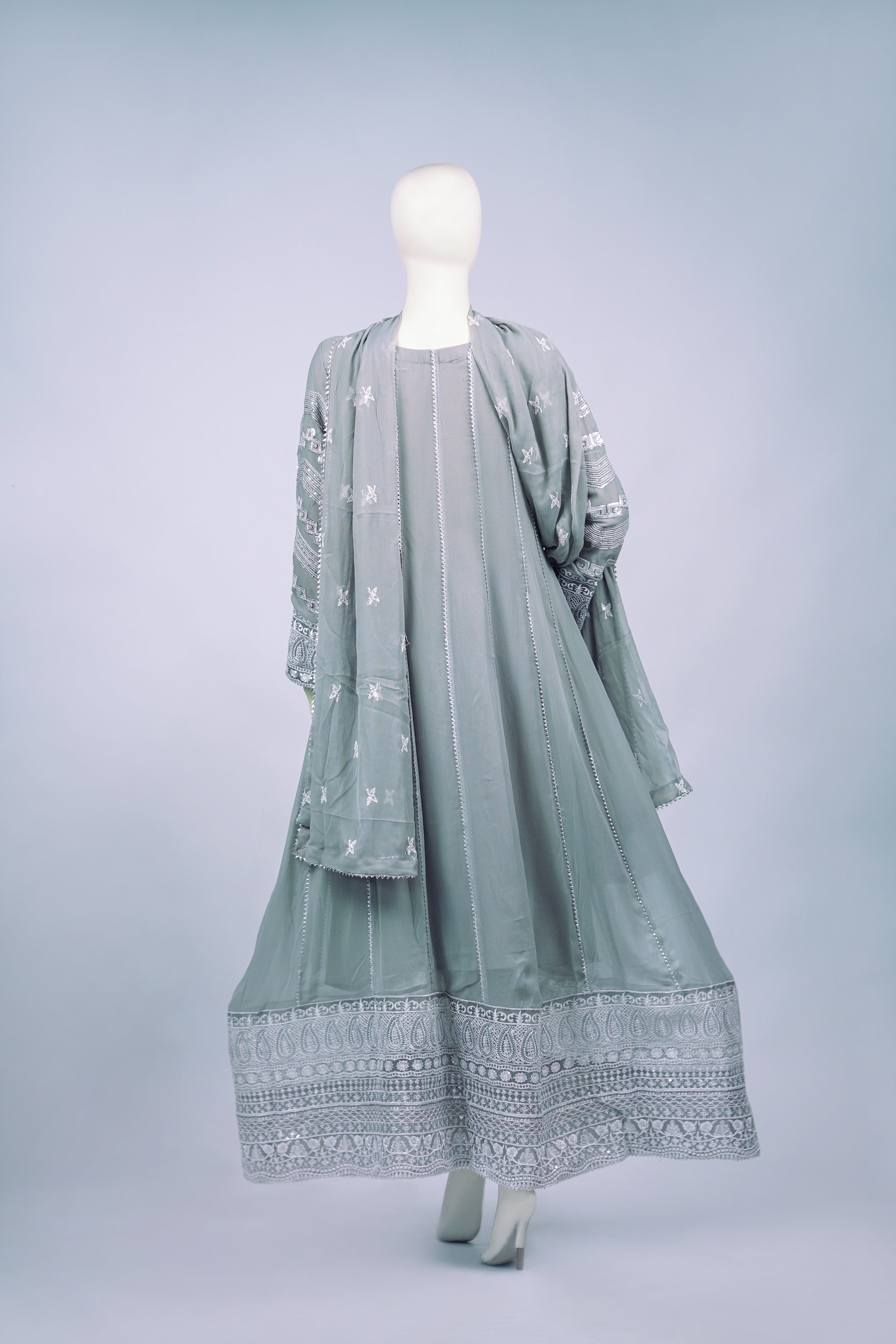 Magician – 3pcs Embroidered Chiffon Maxi Set with Mirror Handwork & Dupatta