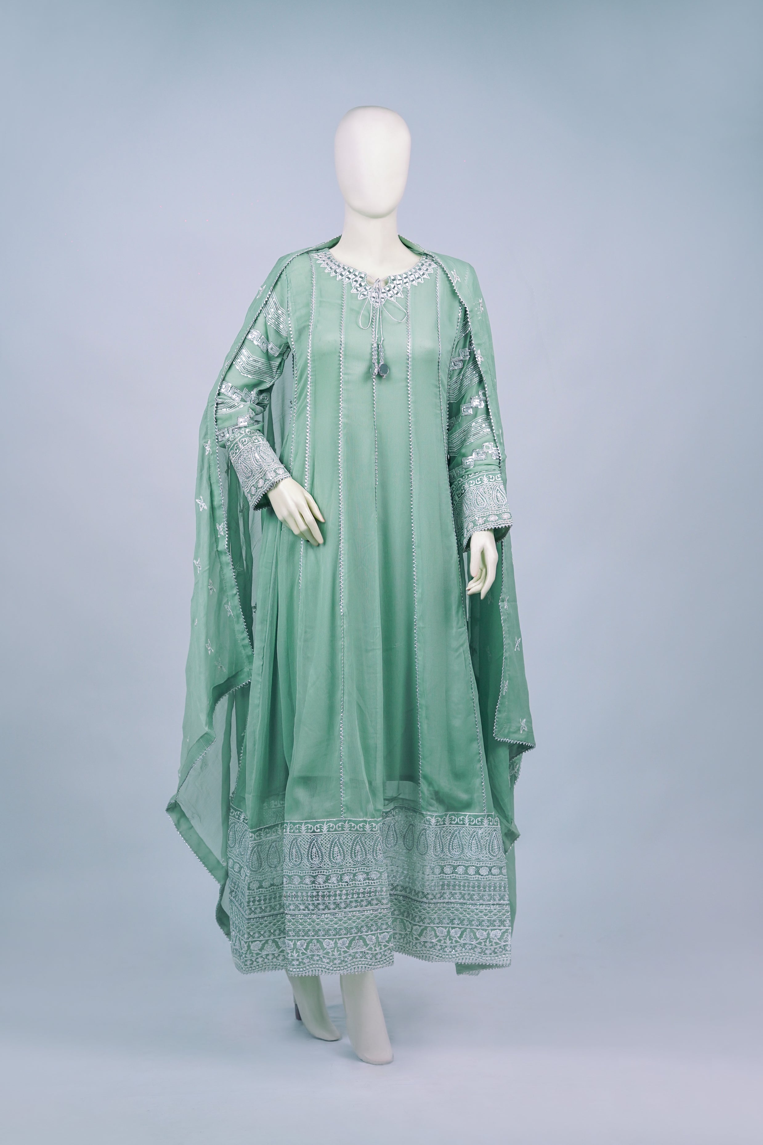 Magician – 3pcs Embroidered Chiffon Maxi Set with Mirror Handwork & Dupatta