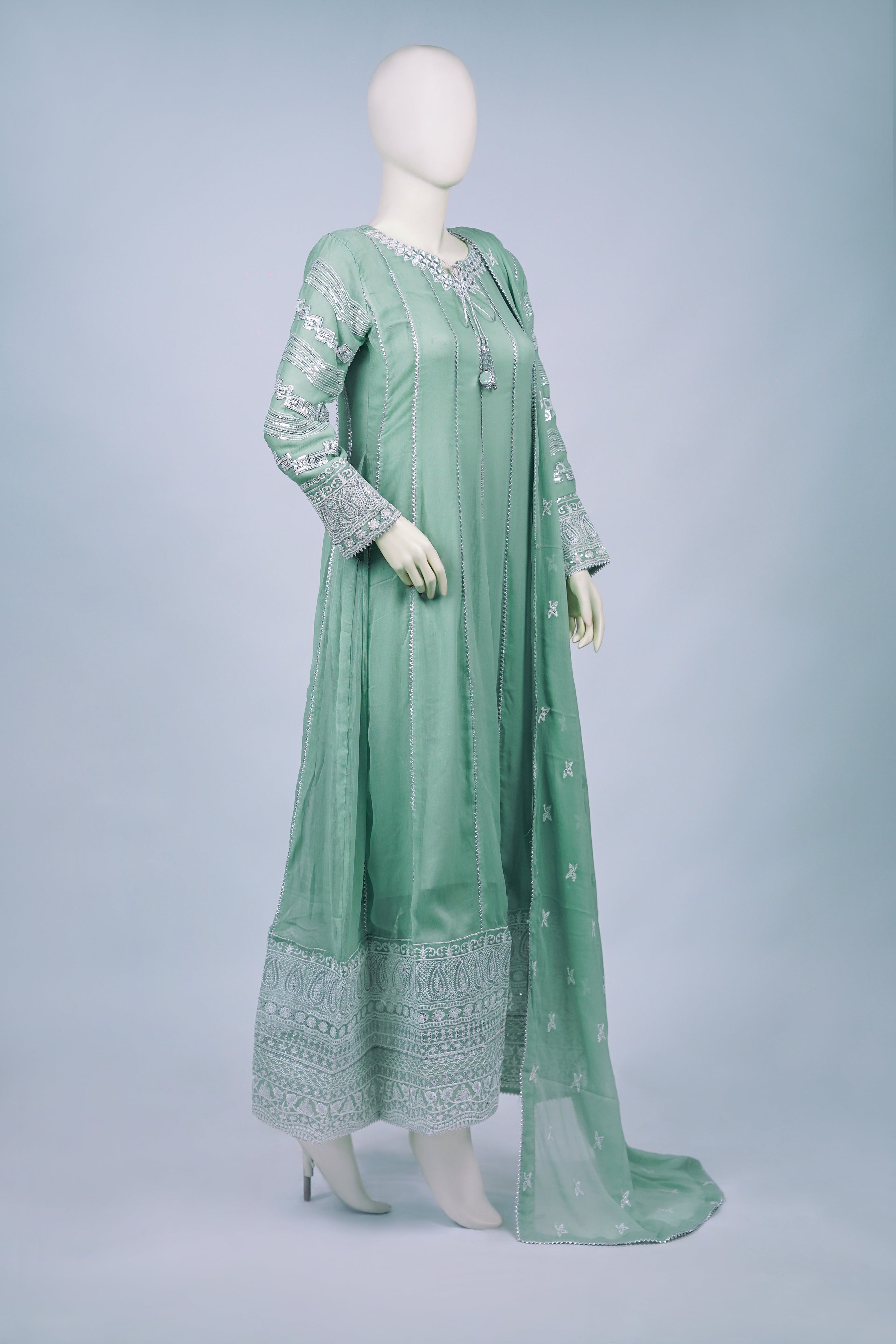 Magician – 3pcs Embroidered Chiffon Maxi Set with Mirror Handwork & Dupatta