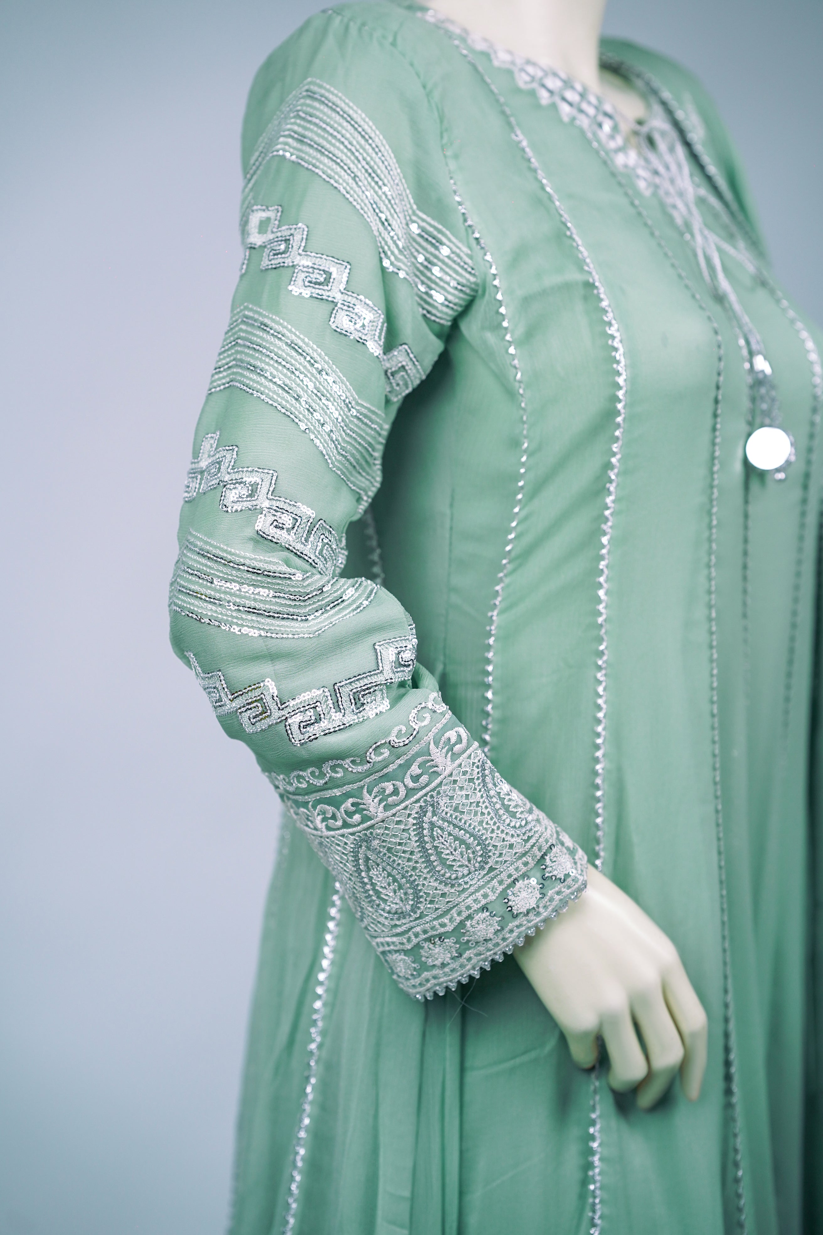 Magician – 3pcs Embroidered Chiffon Maxi Set with Mirror Handwork & Dupatta