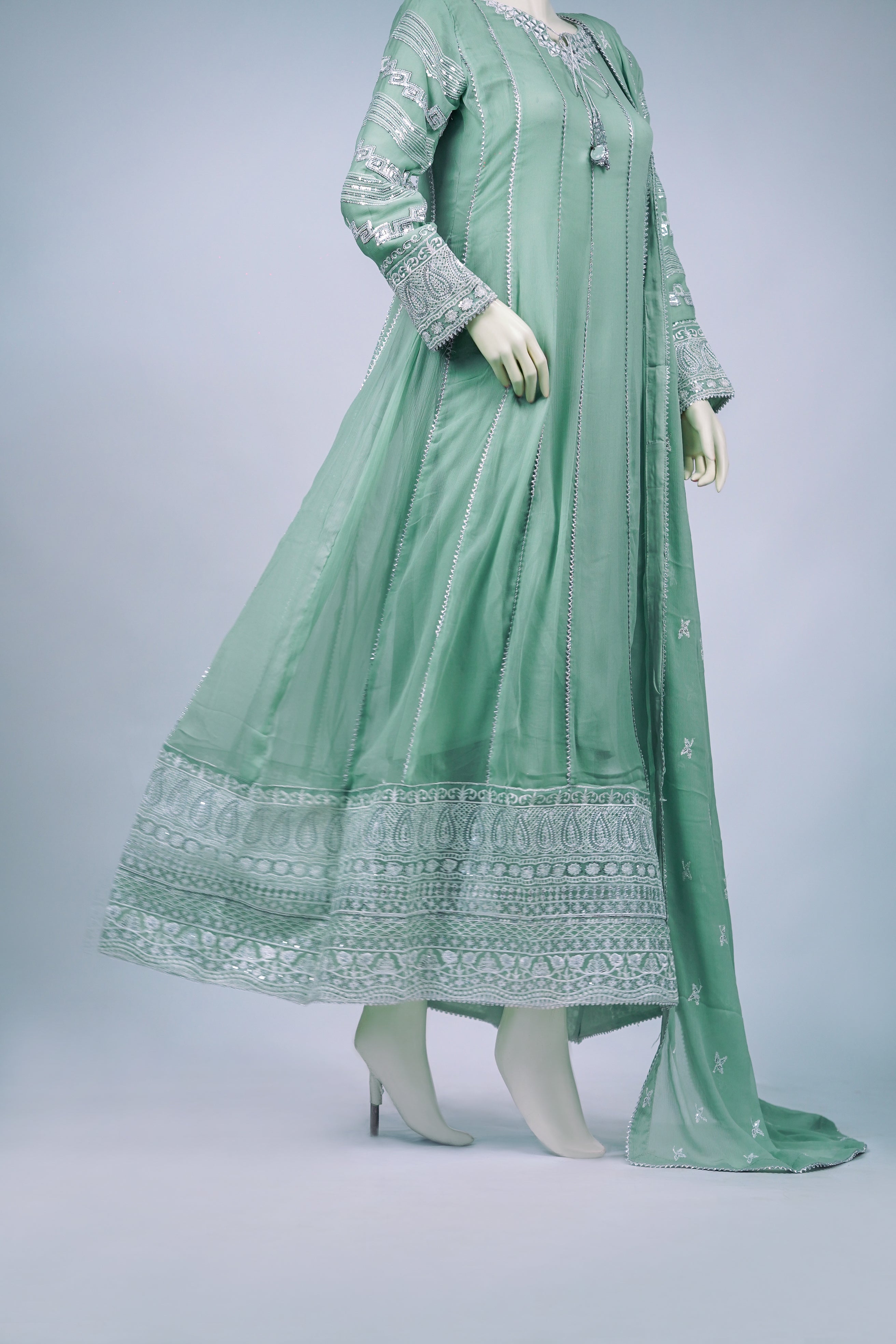 Magician – 3pcs Embroidered Chiffon Maxi Set with Mirror Handwork & Dupatta