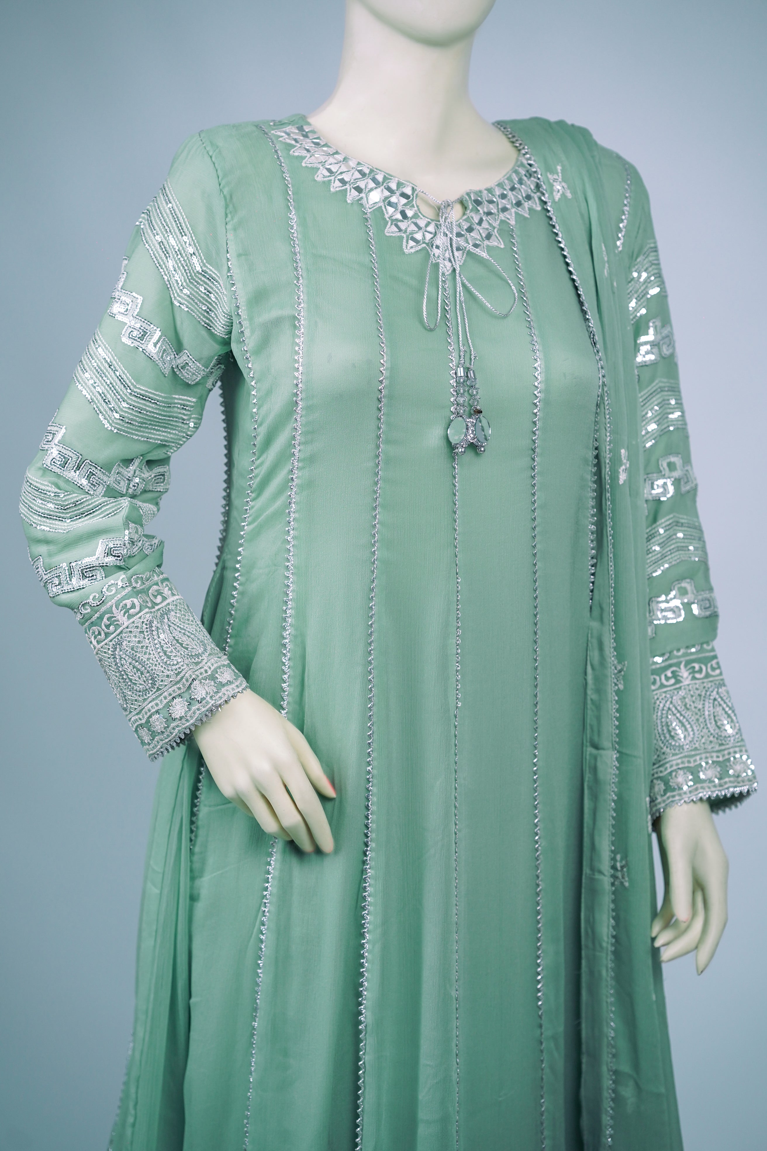 Magician – 3pcs Embroidered Chiffon Maxi Set with Mirror Handwork & Dupatta