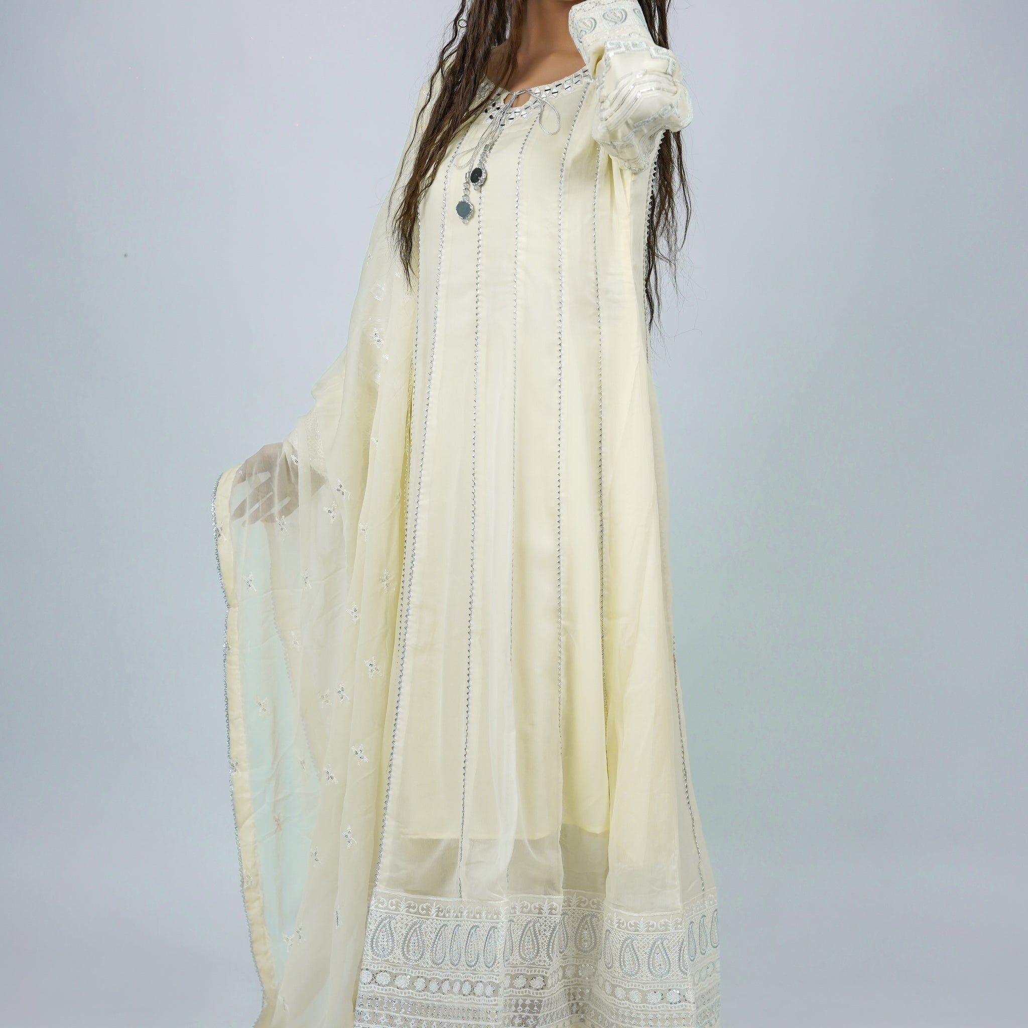 Magician – 3pcs Embroidered Chiffon Maxi Set with Mirror Handwork & Dupatta
