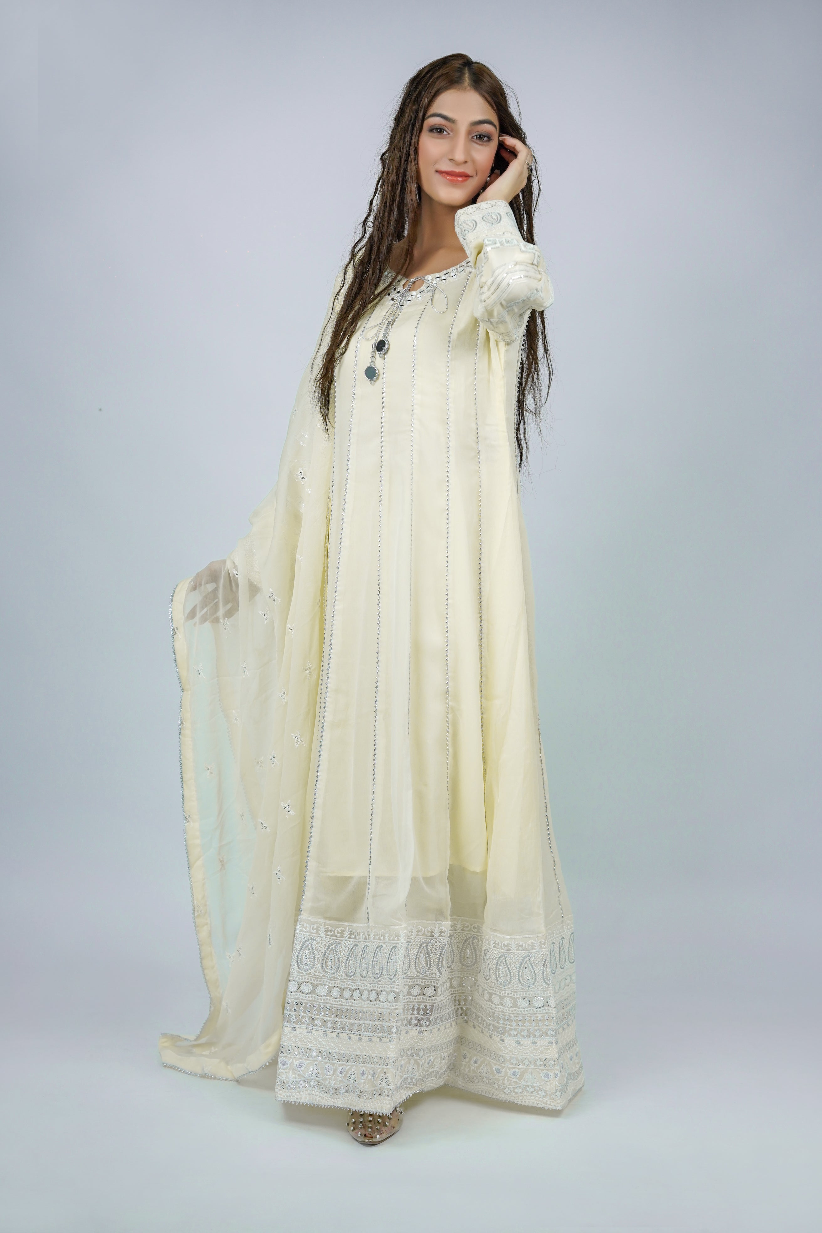 Magician – 3pcs Embroidered Chiffon Maxi Set with Mirror Handwork & Dupatta
