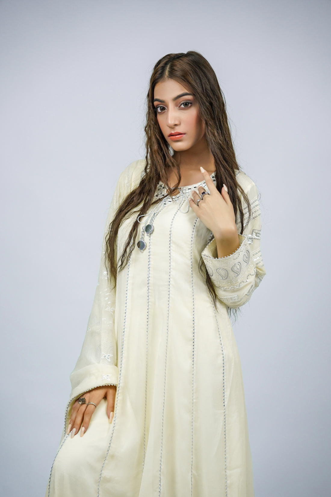 Magician – 3pcs Embroidered Chiffon Maxi Set with Mirror Handwork & Dupatta