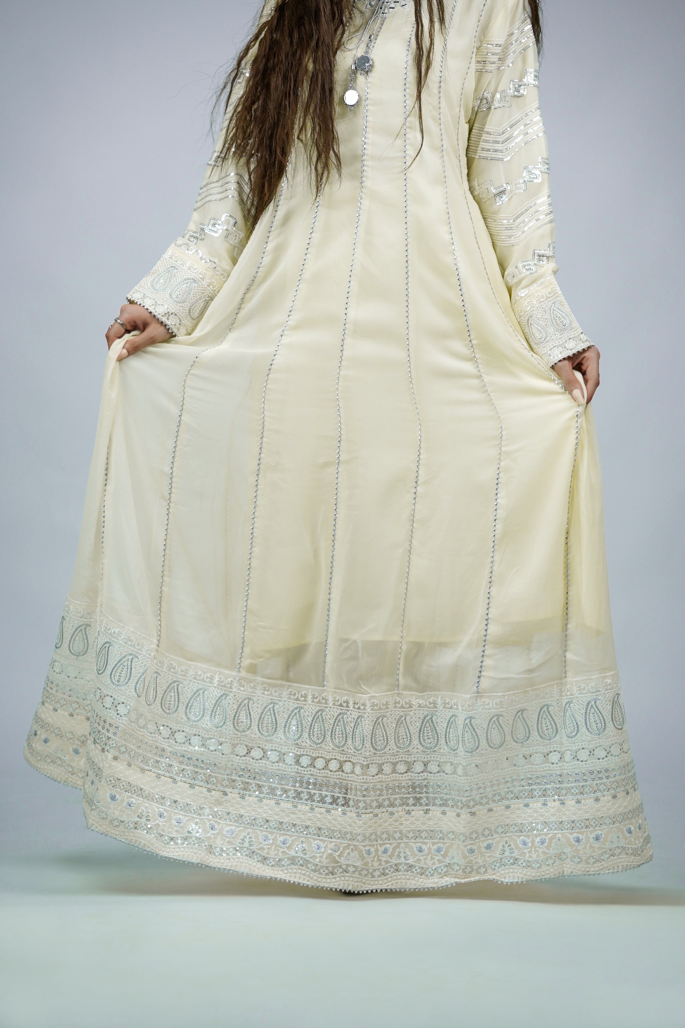 Magician – 3pcs Embroidered Chiffon Maxi Set with Mirror Handwork & Dupatta