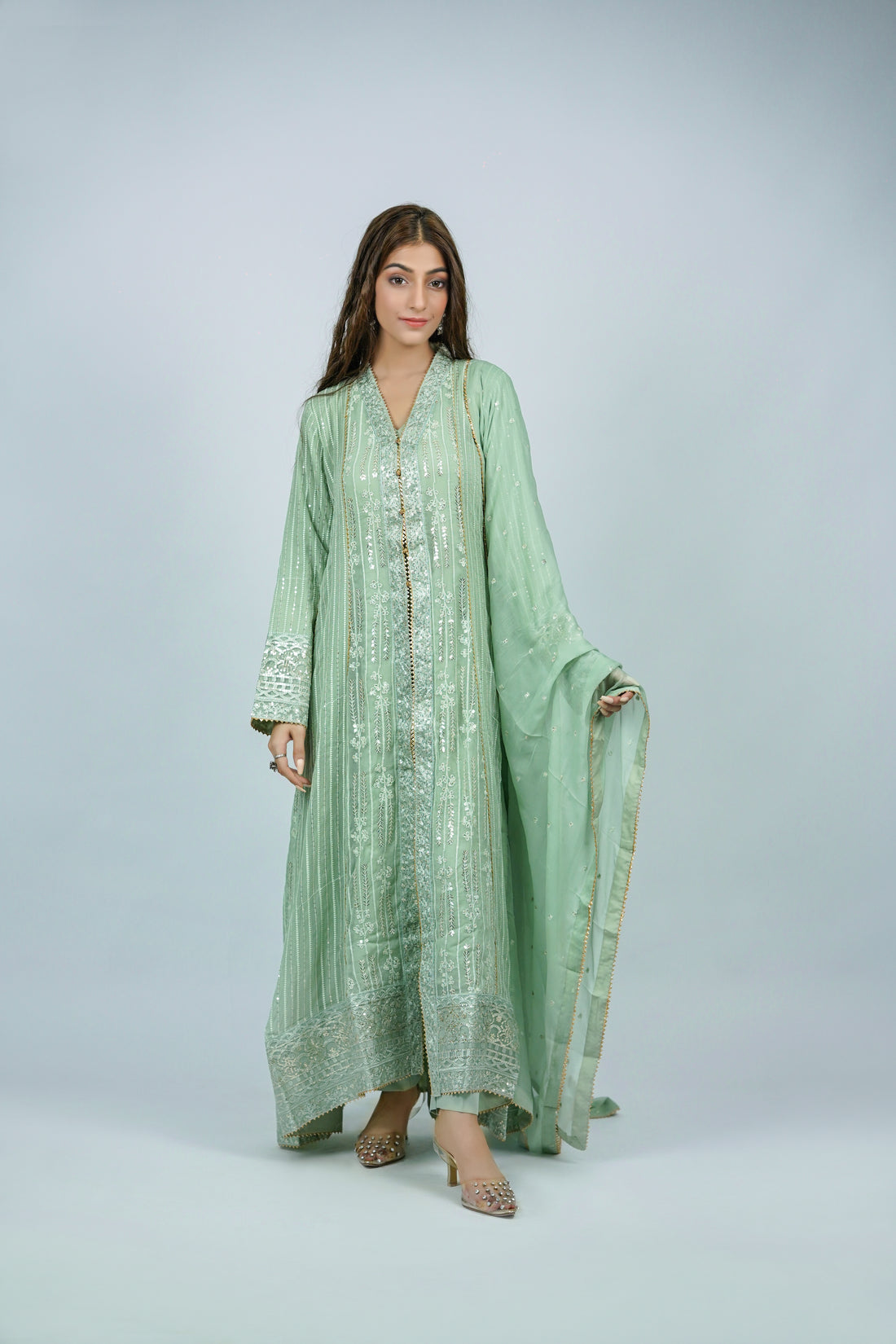 Unicorn – 3pcs Embroidered Chiffon Maxi Set with Dupatta & China Silk Trousers
