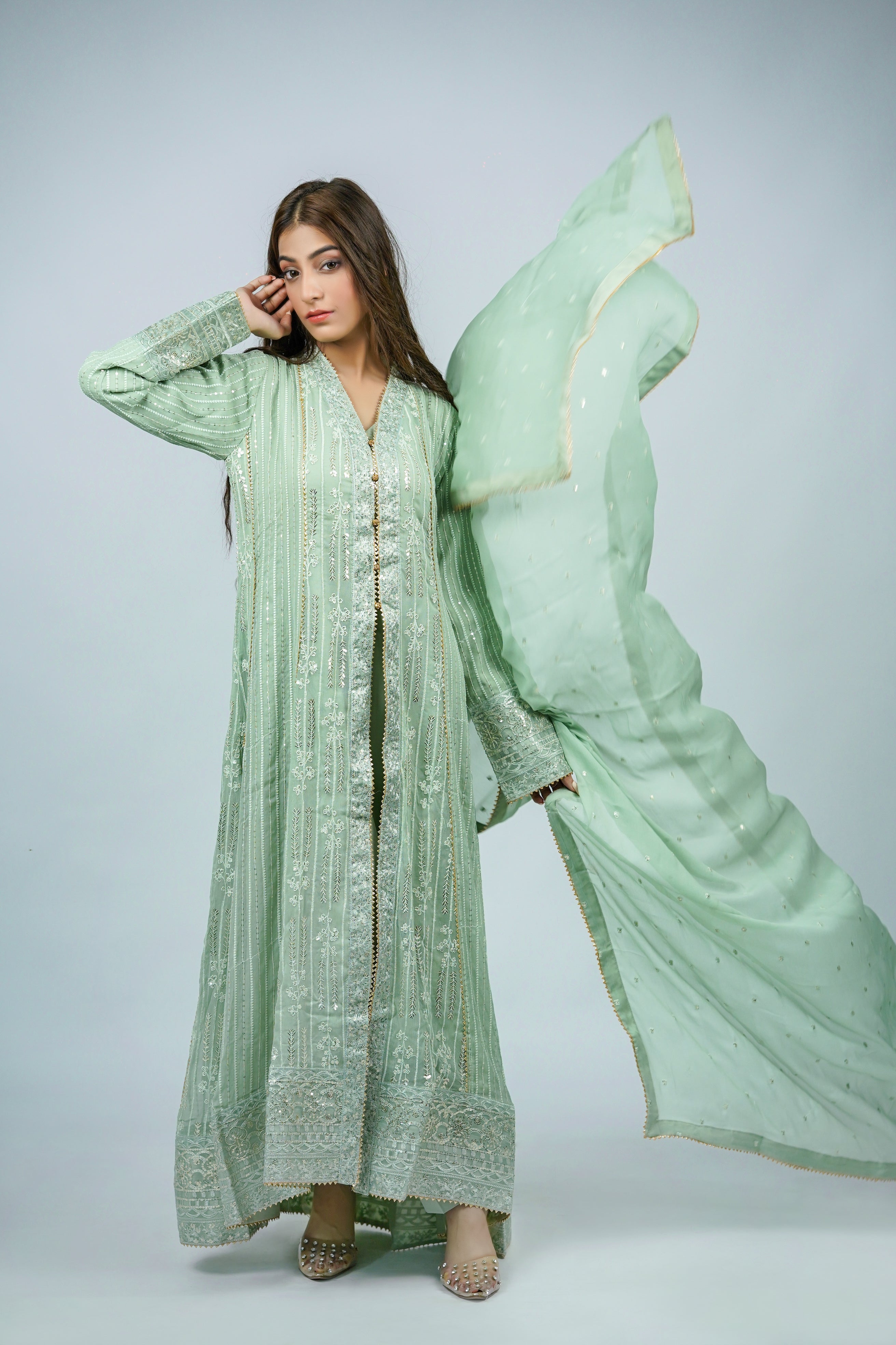 Unicorn – 3pcs Embroidered Chiffon Maxi Set with Dupatta & China Silk Trousers