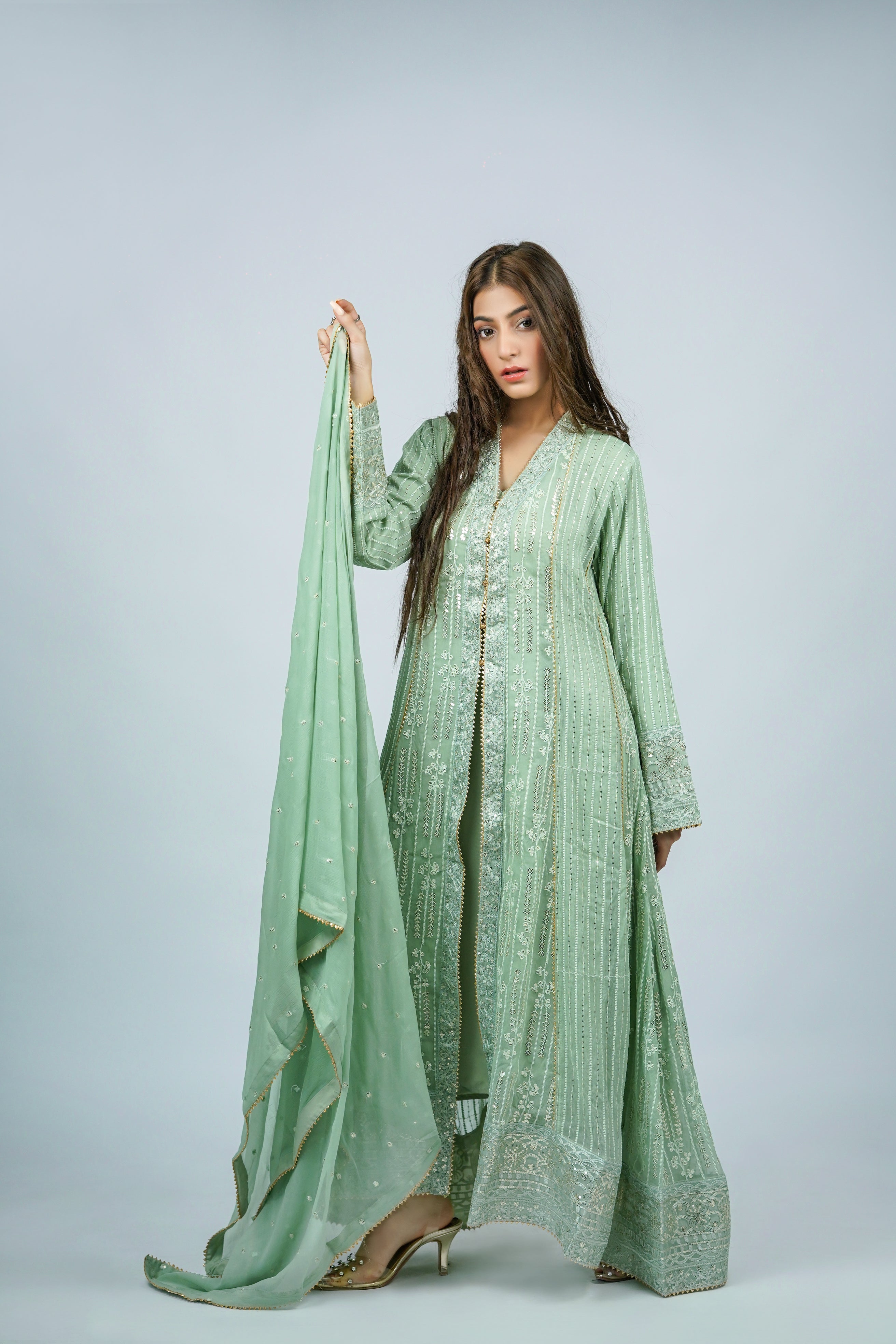 Unicorn – 3pcs Embroidered Chiffon Maxi Set with Dupatta & China Silk Trousers