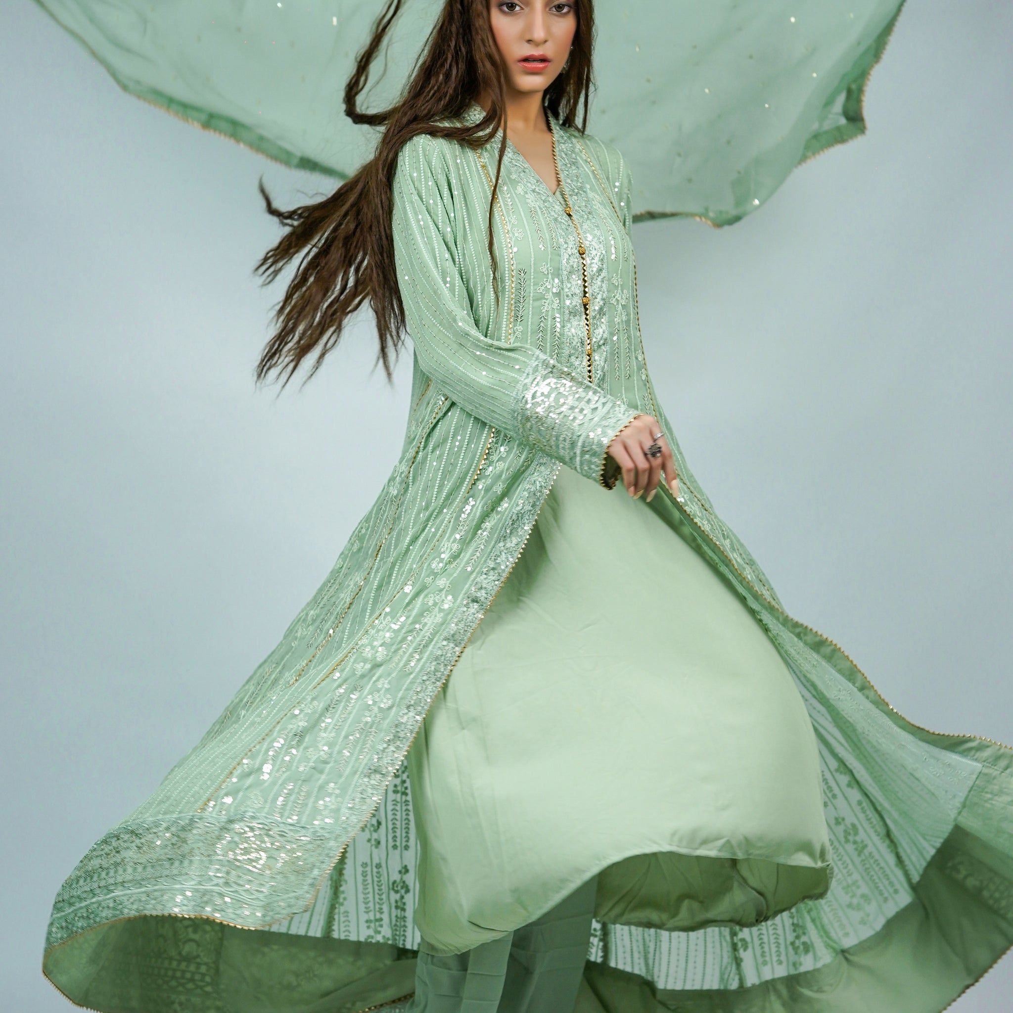 Unicorn – 3pcs Embroidered Chiffon Maxi Set with Dupatta & China Silk Trousers