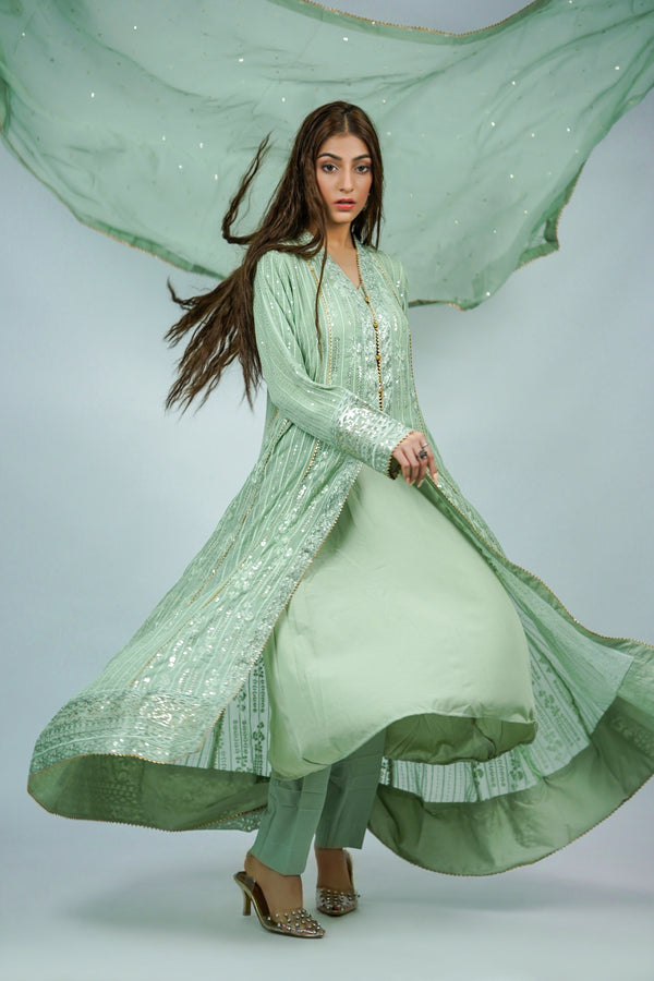 Unicorn – 3pcs Embroidered Chiffon Maxi Set with Dupatta & China Silk Trousers