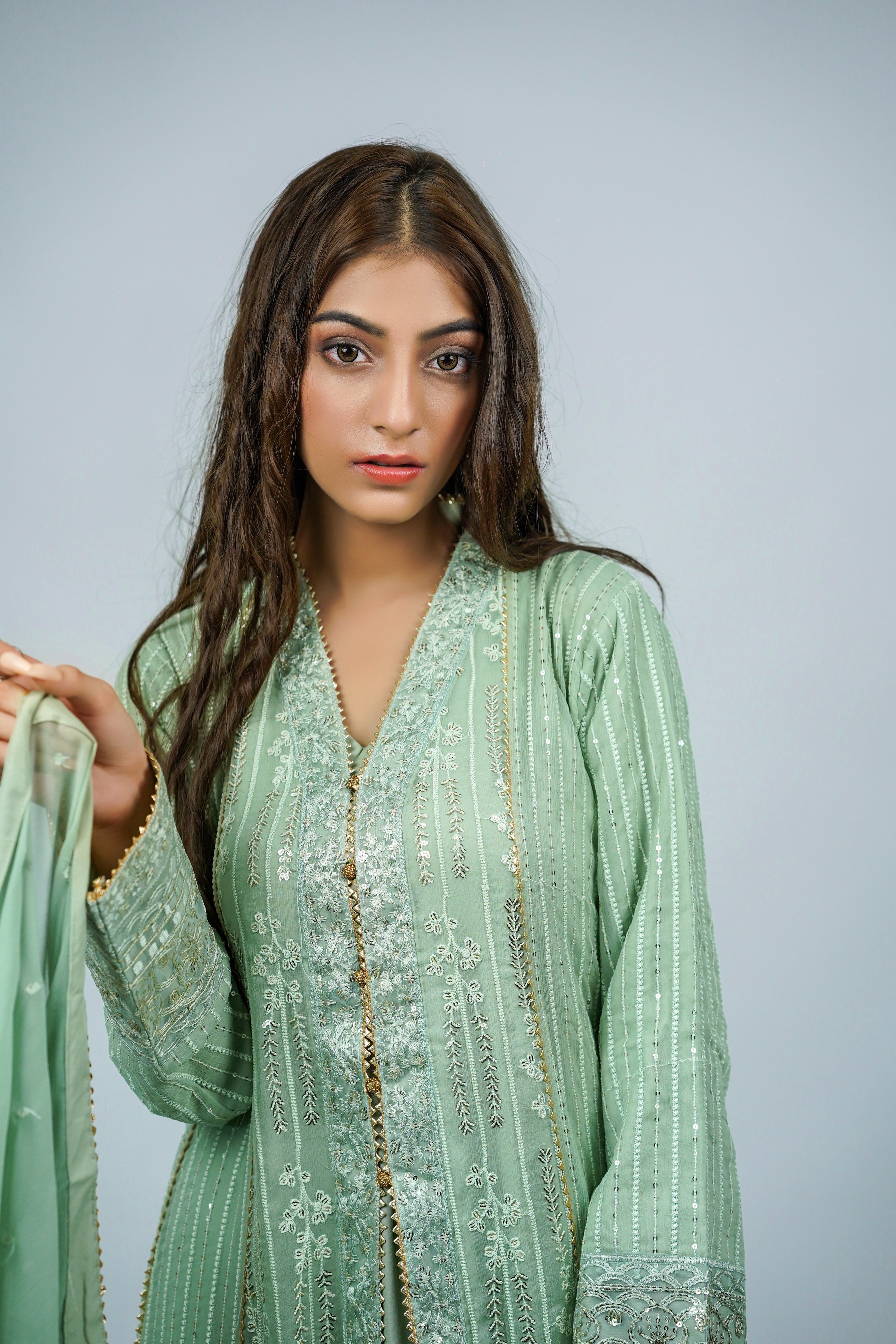 Unicorn – 3pcs Embroidered Chiffon Maxi Set with Dupatta & China Silk Trousers