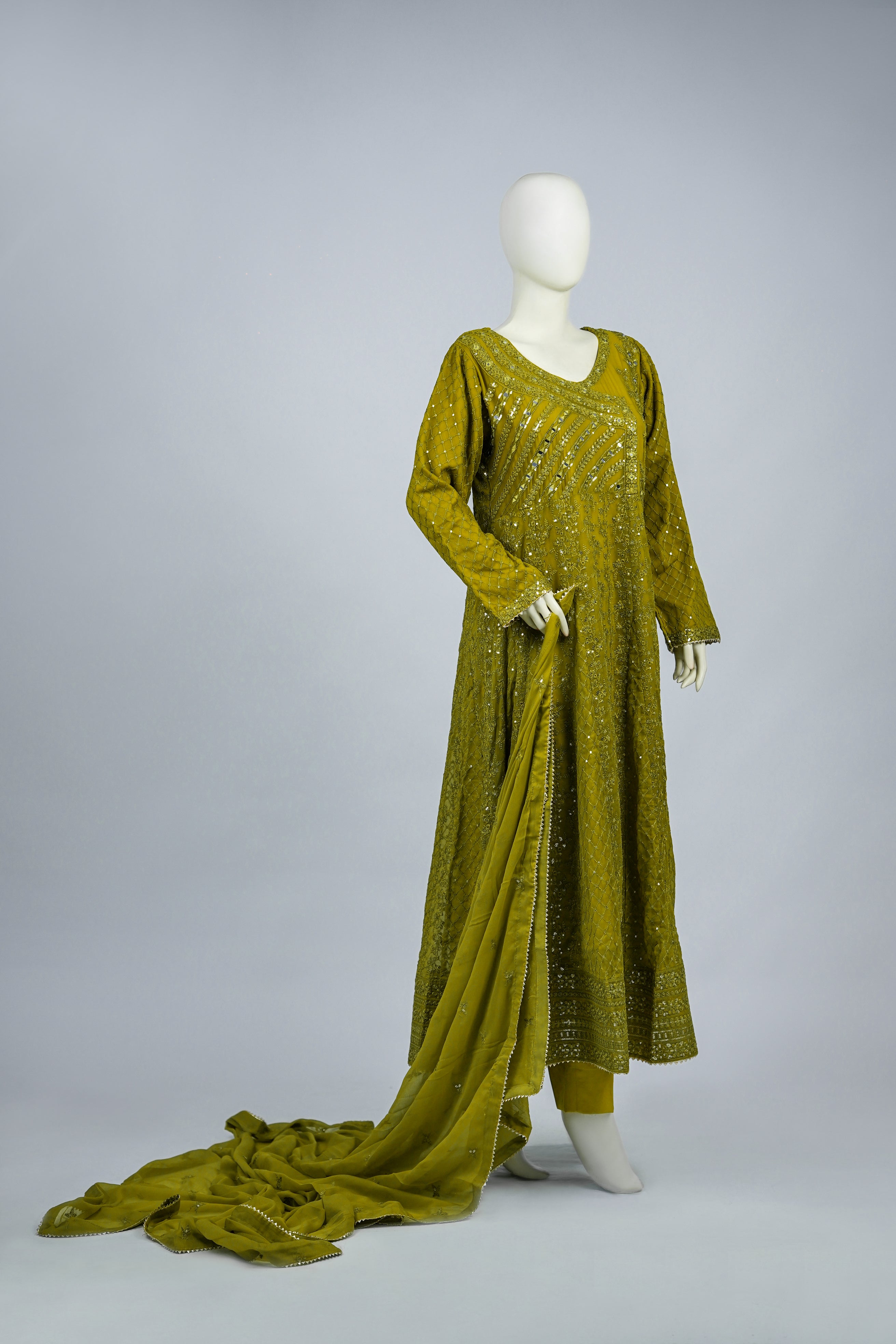 Lala – 3pcs Embroidered Chiffon Maxi Set with Mirror & Sequin Work
