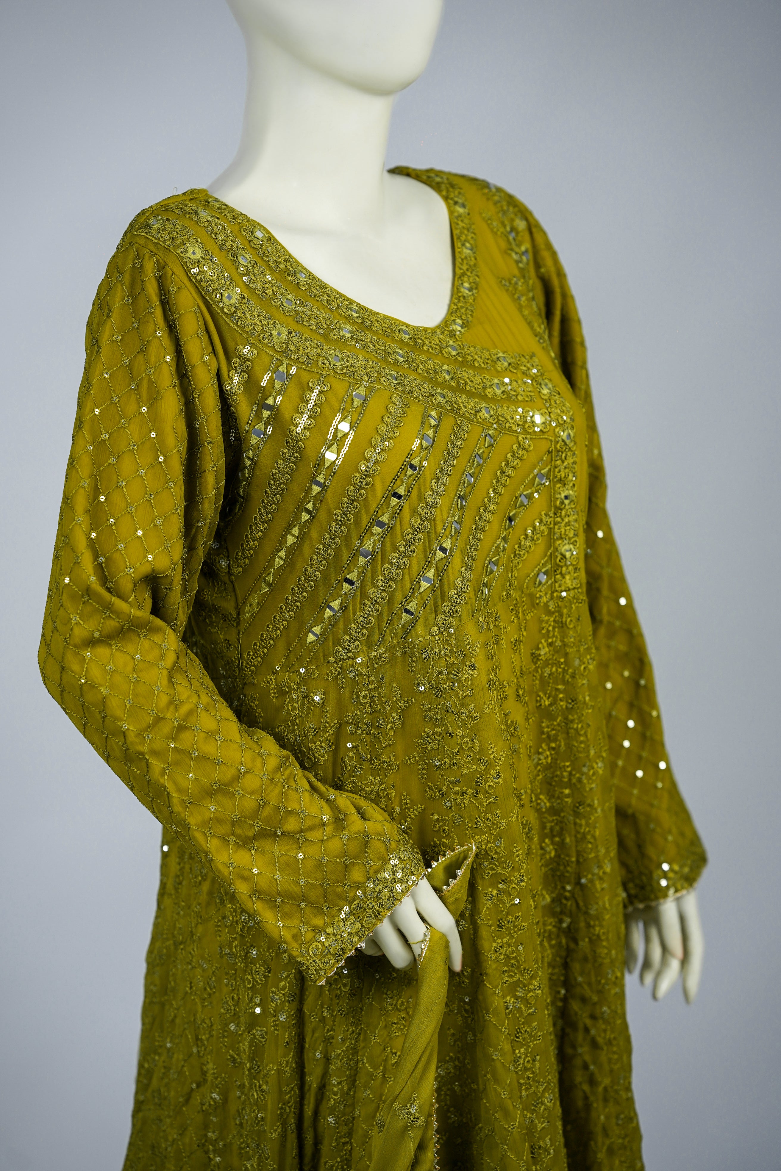 Lala – 3pcs Embroidered Chiffon Maxi Set with Mirror & Sequin Work