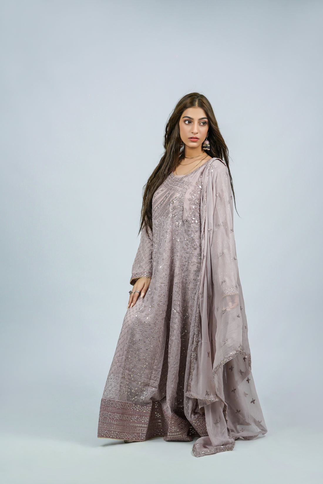 Lala – 3pcs Embroidered Chiffon Maxi Set with Mirror & Sequin Work