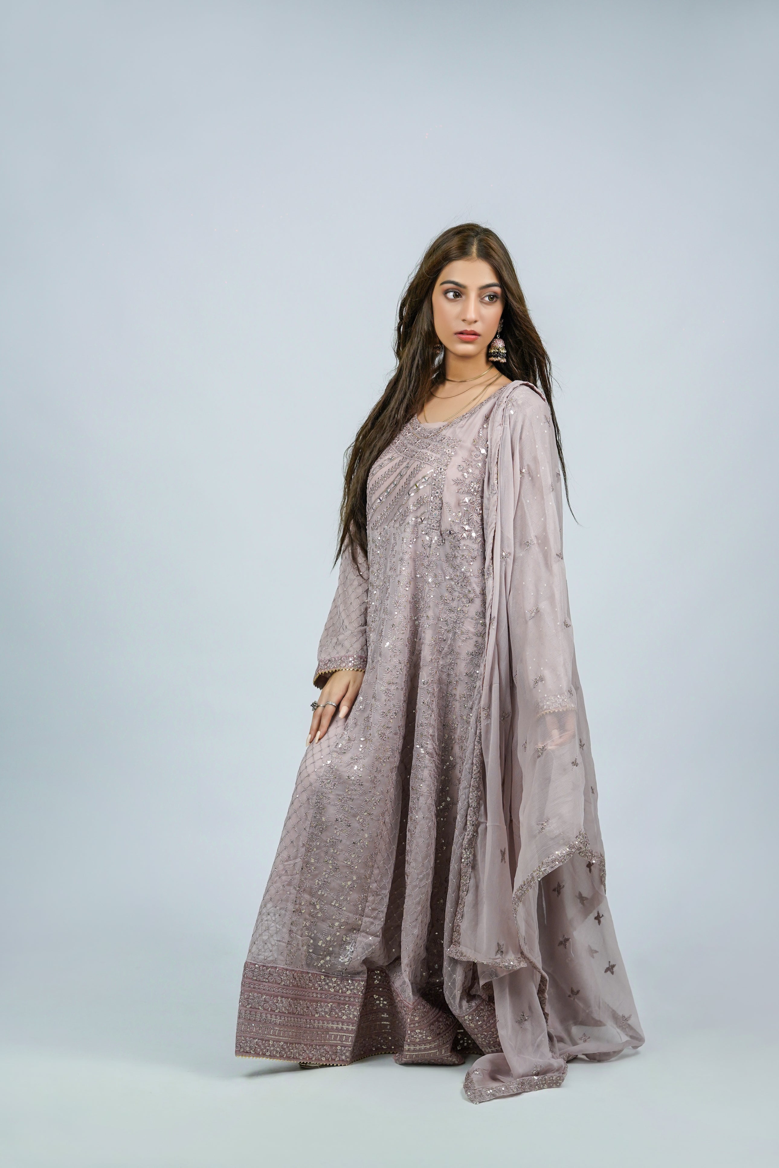 Lala – 3pcs Embroidered Chiffon Maxi Set with Mirror & Sequin Work