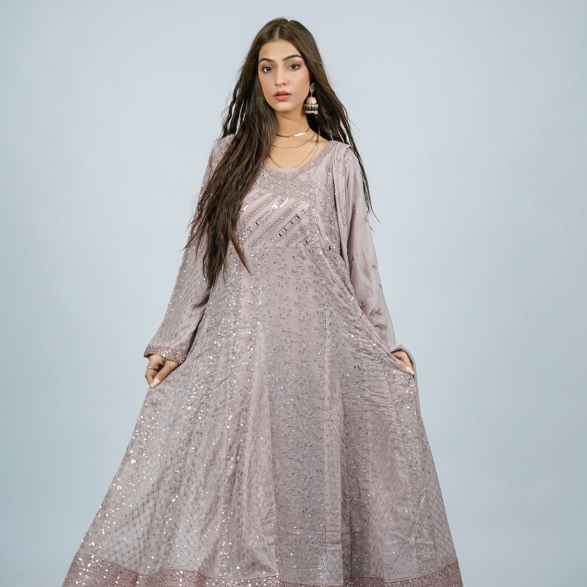 Lala – 3pcs Embroidered Chiffon Maxi Set with Mirror & Sequin Work