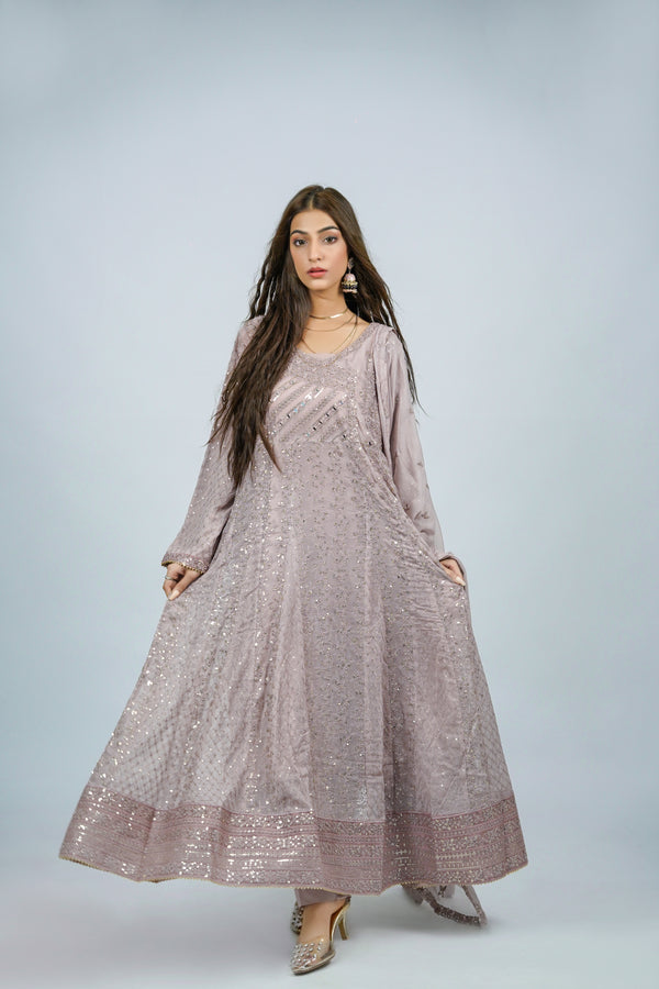 Lala – 3pcs Embroidered Chiffon Maxi Set with Mirror & Sequin Work