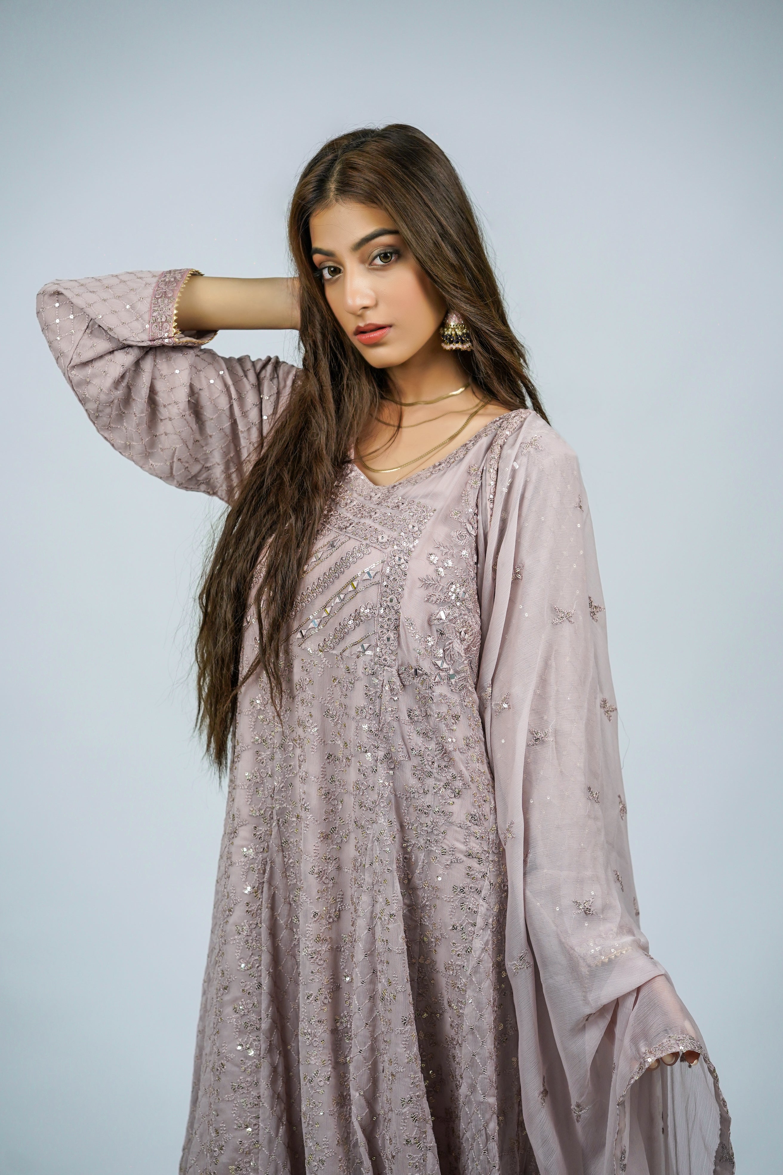 Lala – 3pcs Embroidered Chiffon Maxi Set with Mirror & Sequin Work