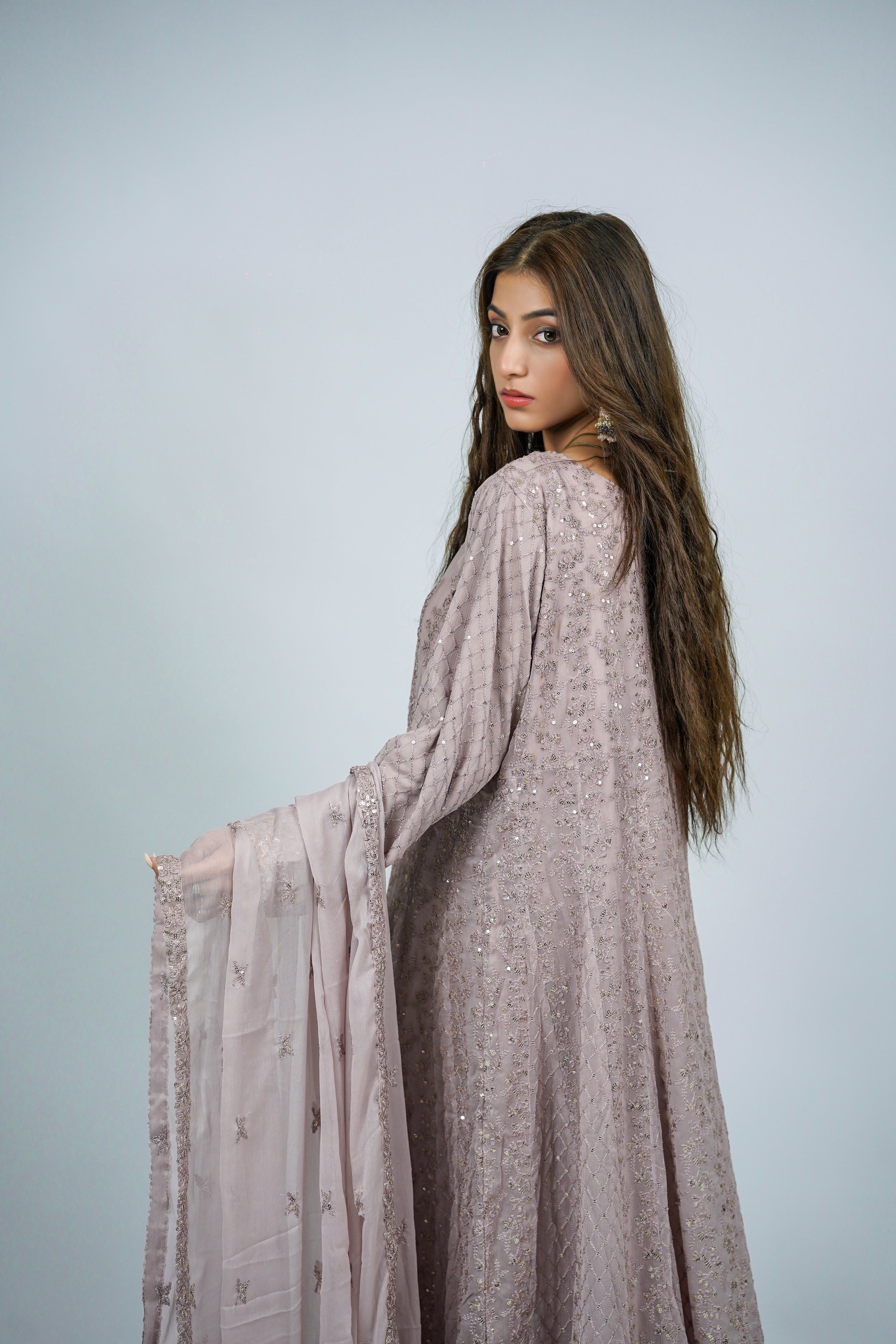 Lala – 3pcs Embroidered Chiffon Maxi Set with Mirror & Sequin Work