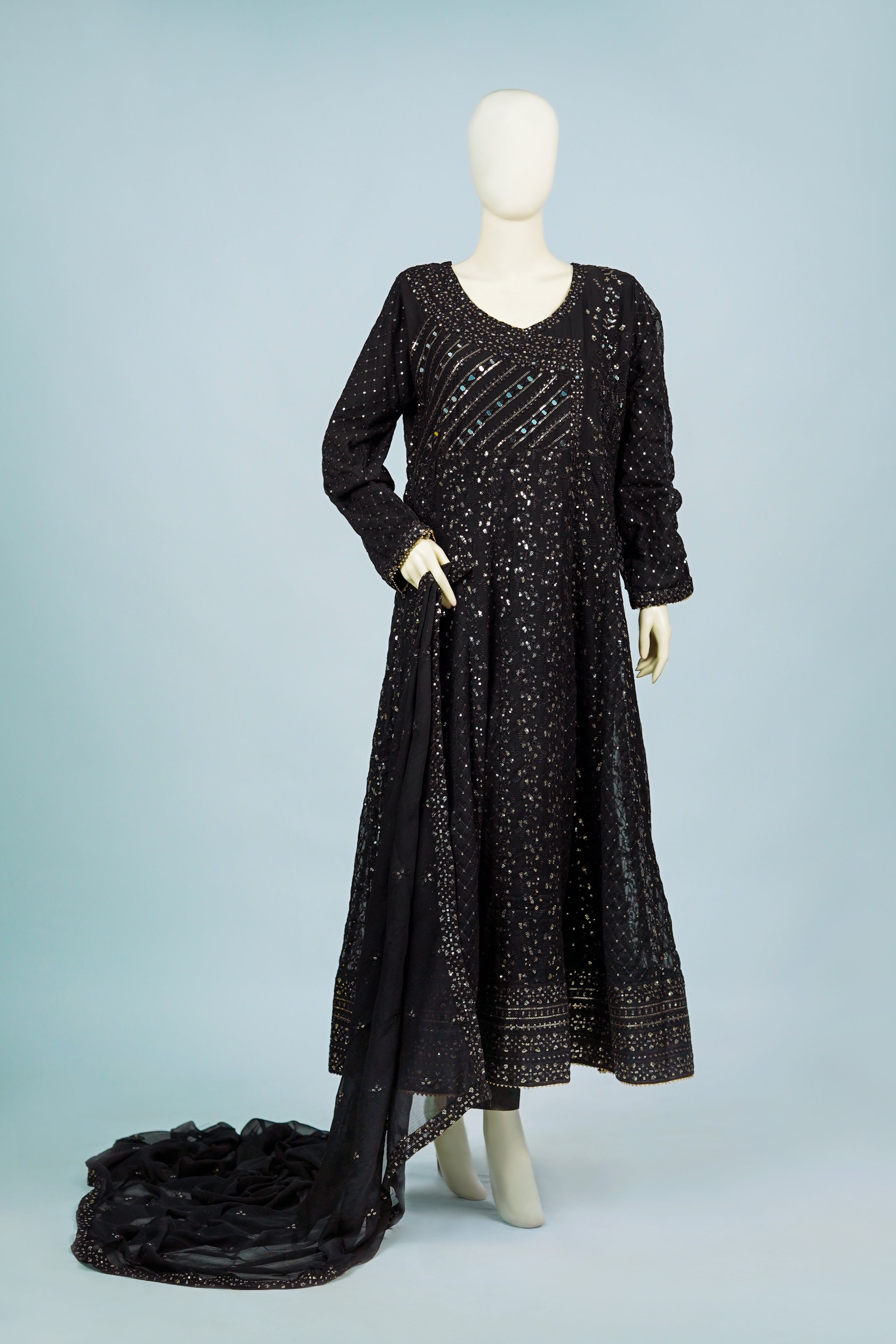 Lala – 3pcs Embroidered Chiffon Maxi Set with Mirror & Sequin Work