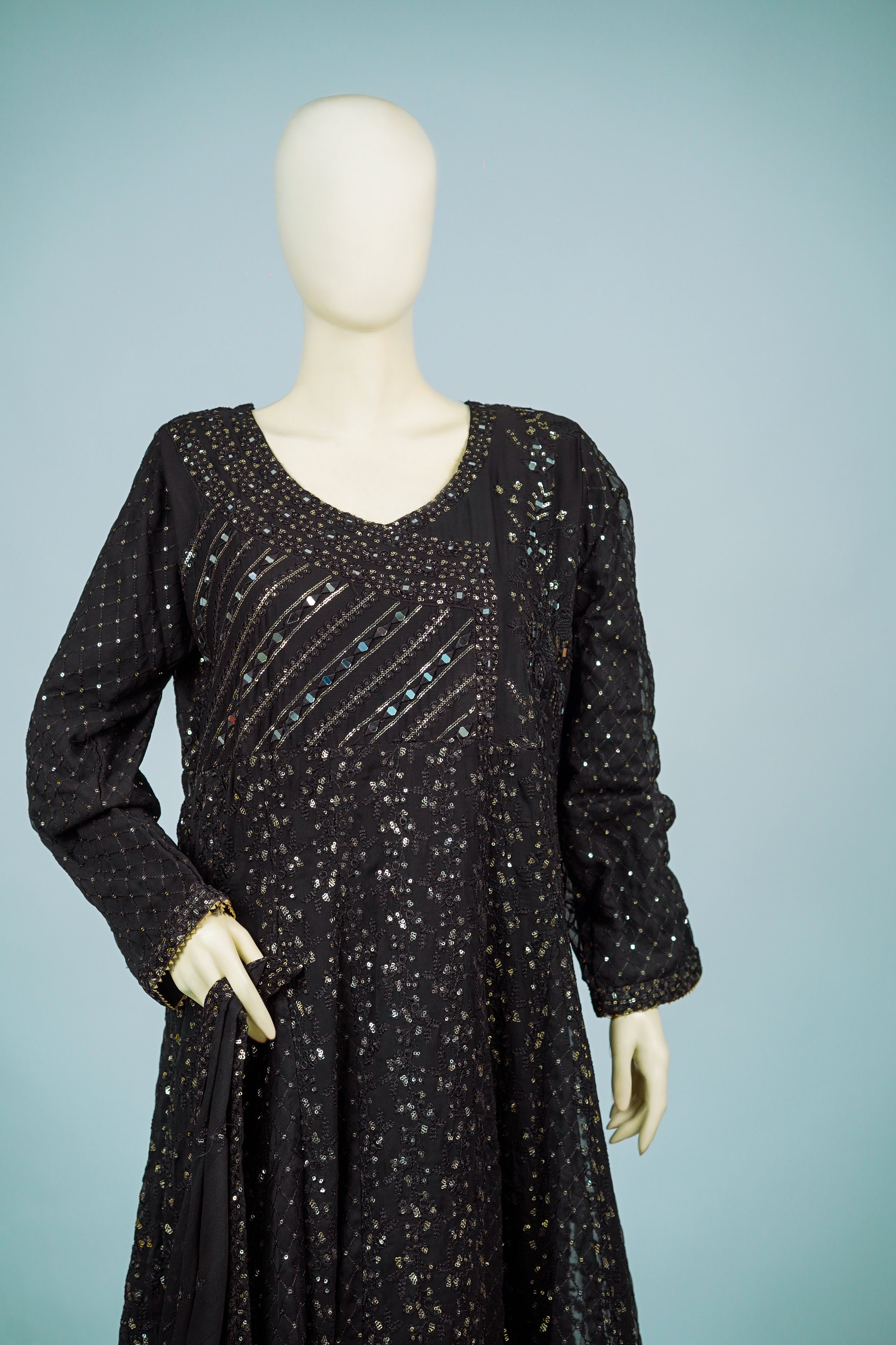 Lala – 3pcs Embroidered Chiffon Maxi Set with Mirror & Sequin Work