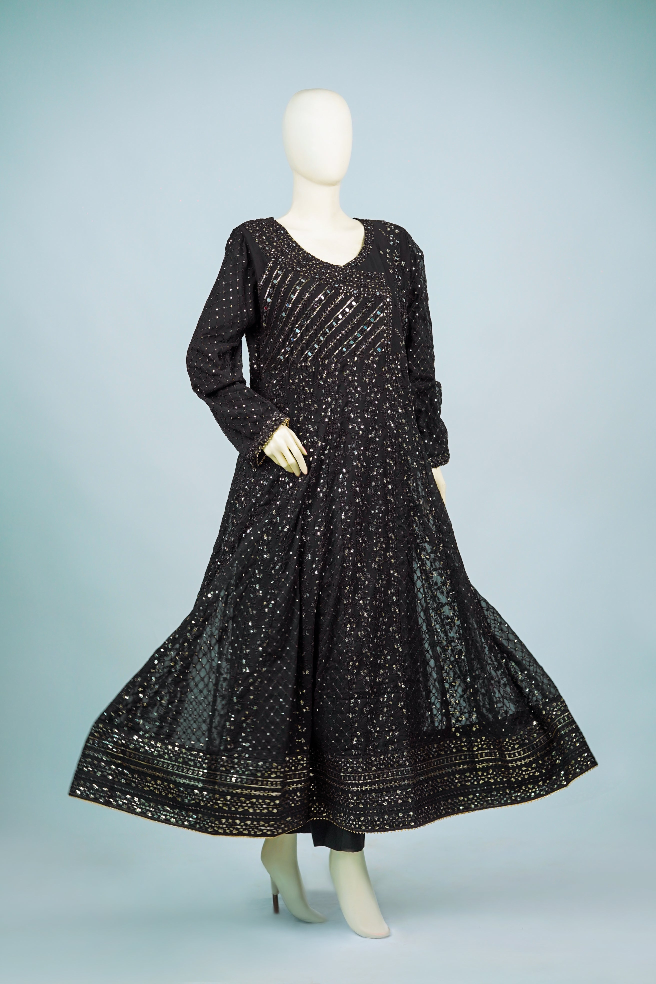 Lala – 3pcs Embroidered Chiffon Maxi Set with Mirror & Sequin Work