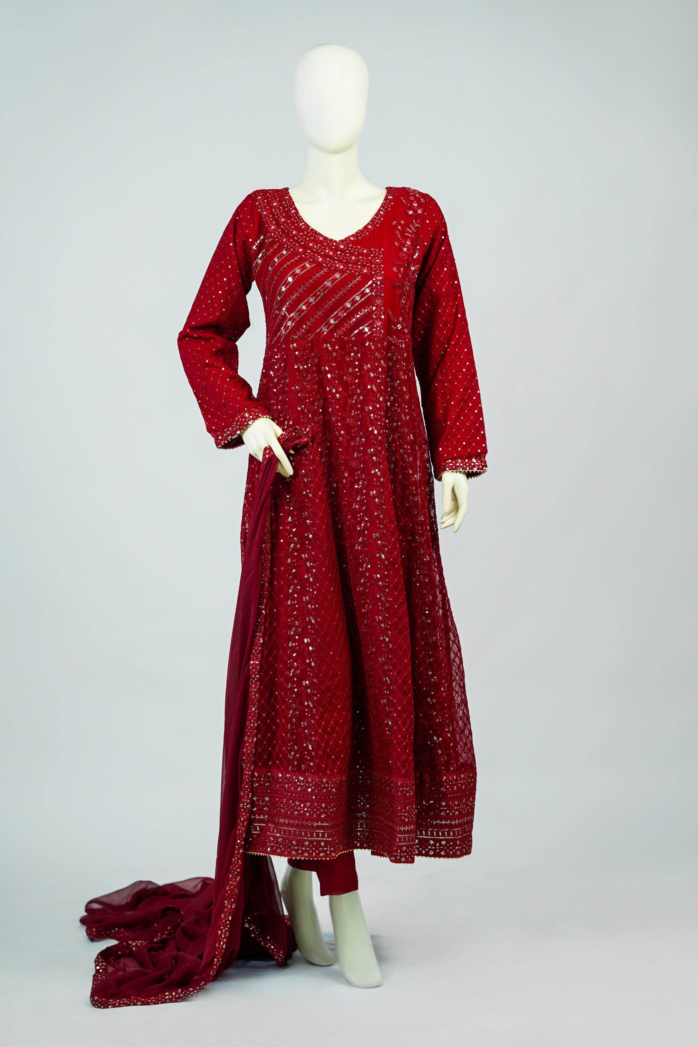 Lala – 3pcs Embroidered Chiffon Maxi Set with Mirror & Sequin Work