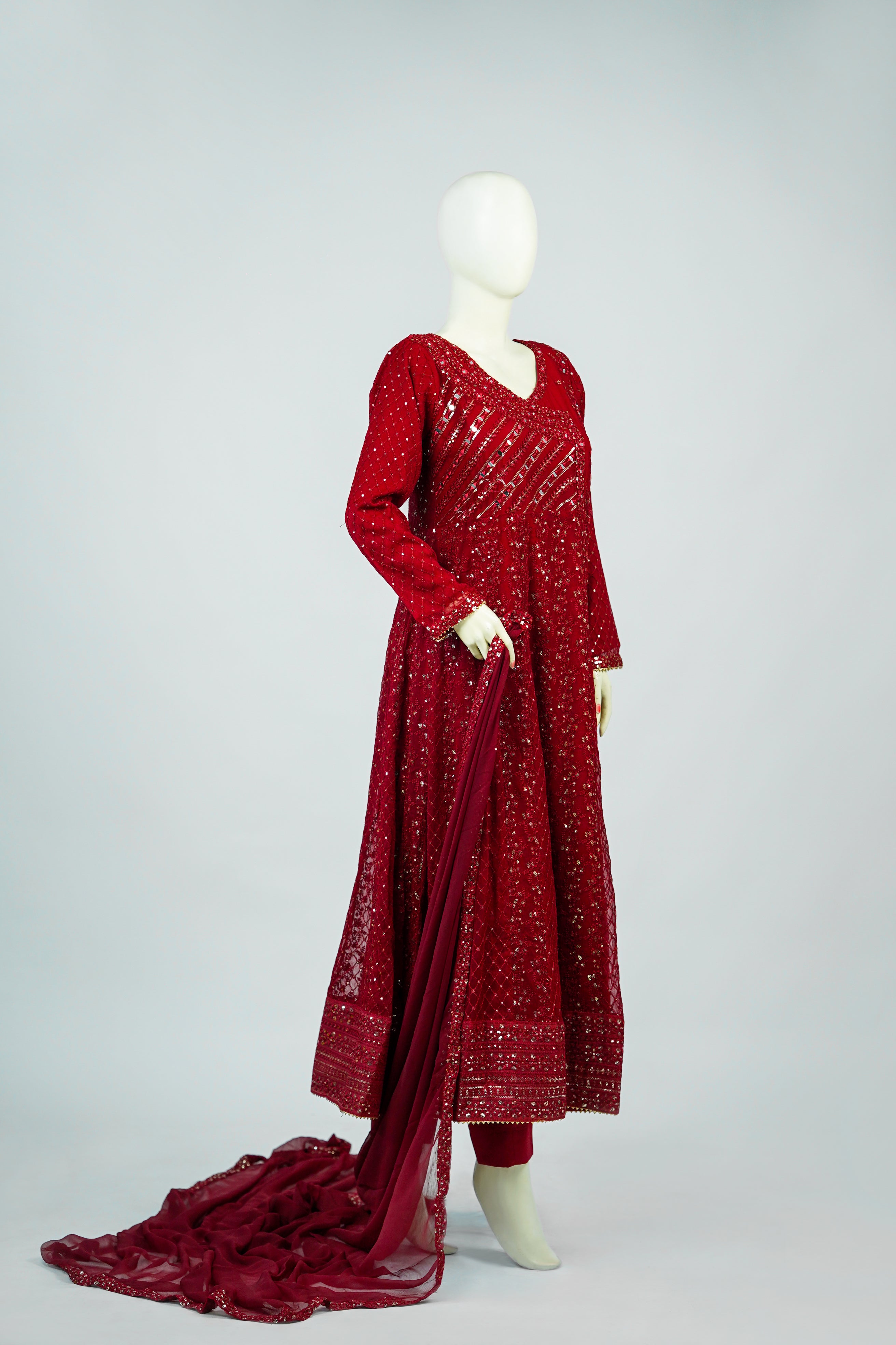 Lala – 3pcs Embroidered Chiffon Maxi Set with Mirror & Sequin Work