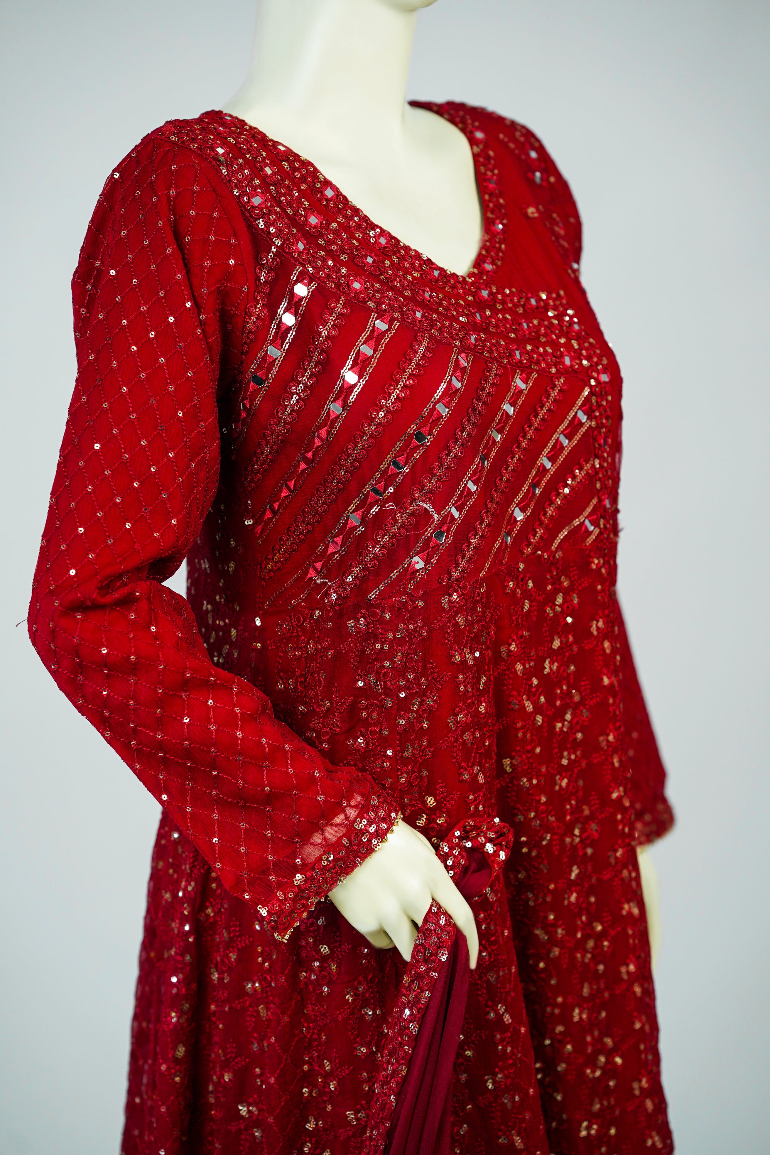 Lala – 3pcs Embroidered Chiffon Maxi Set with Mirror & Sequin Work