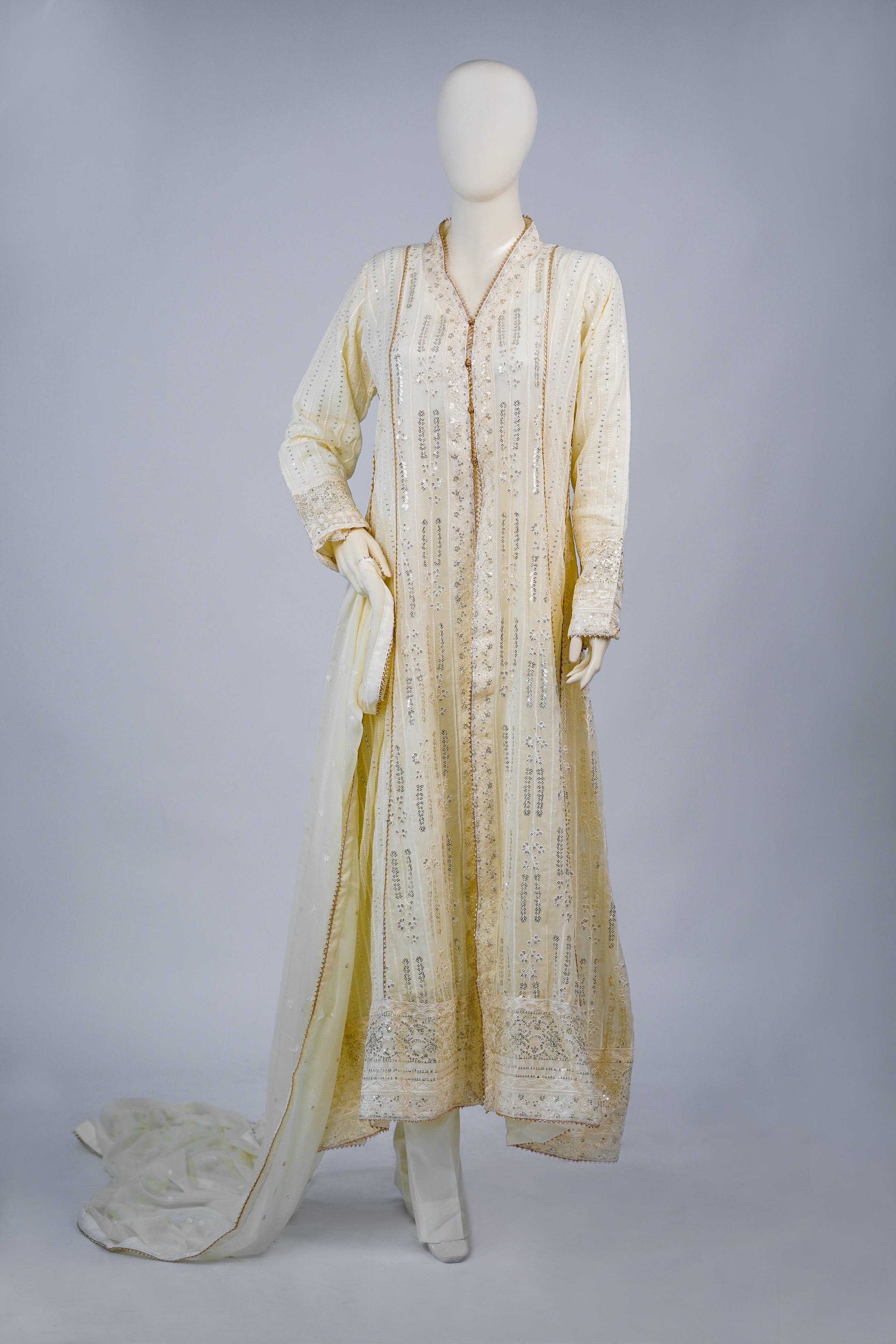 Unicorn – 3pcs Embroidered Chiffon Maxi Set with Dupatta & China Silk Trousers