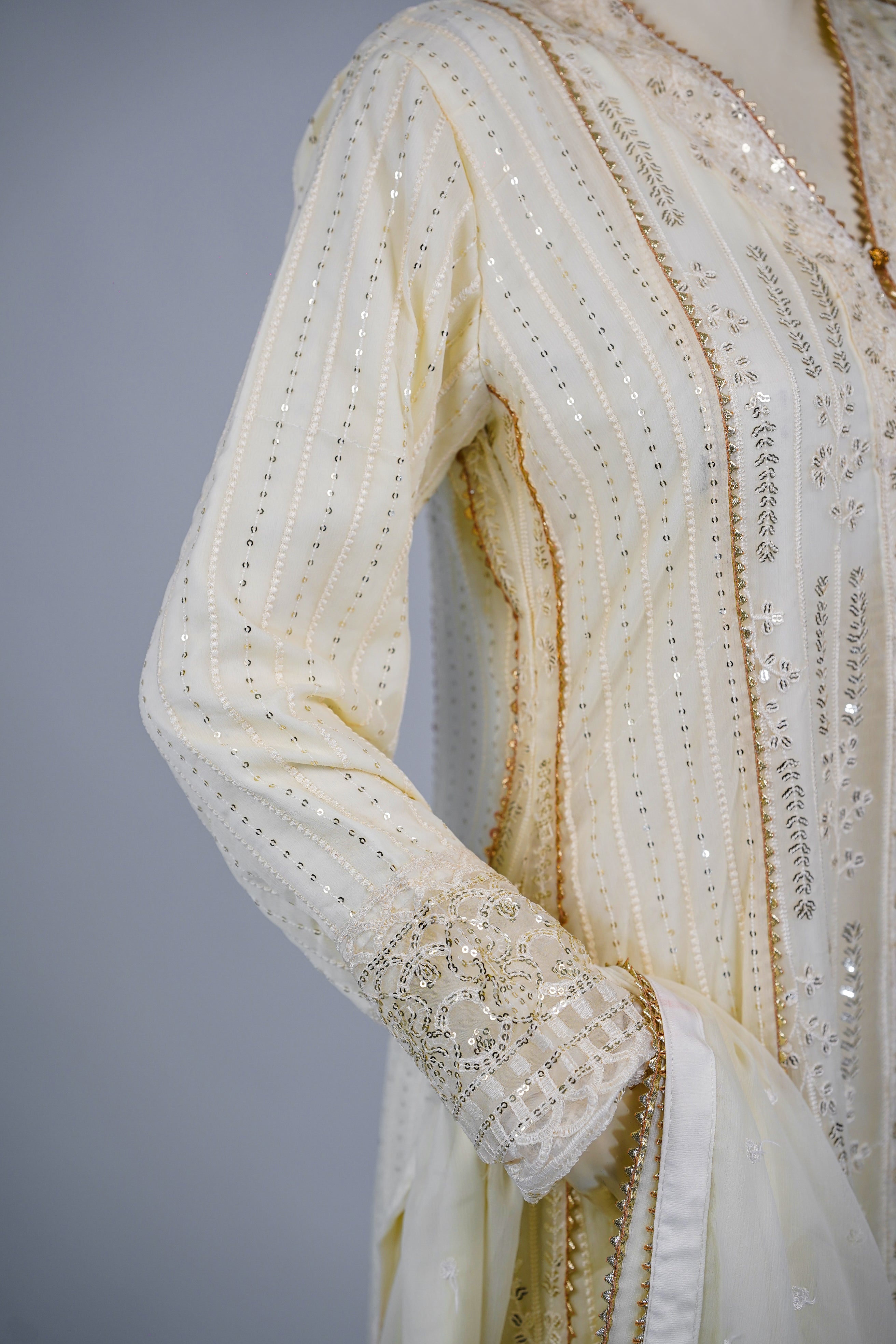 Unicorn – 3pcs Embroidered Chiffon Maxi Set with Dupatta & China Silk Trousers