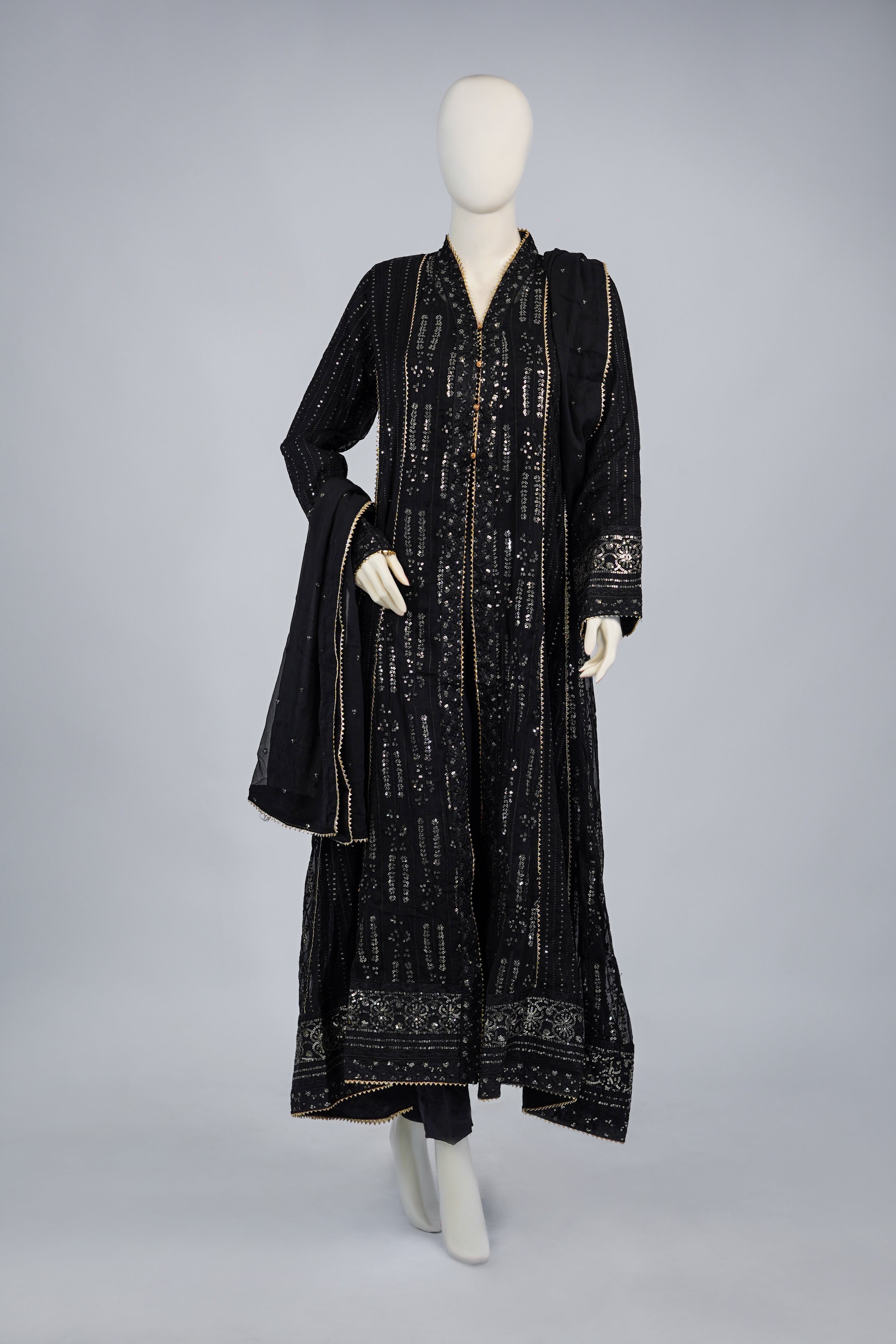 Unicorn – 3pcs Embroidered Chiffon Maxi Set with Dupatta & China Silk Trousers