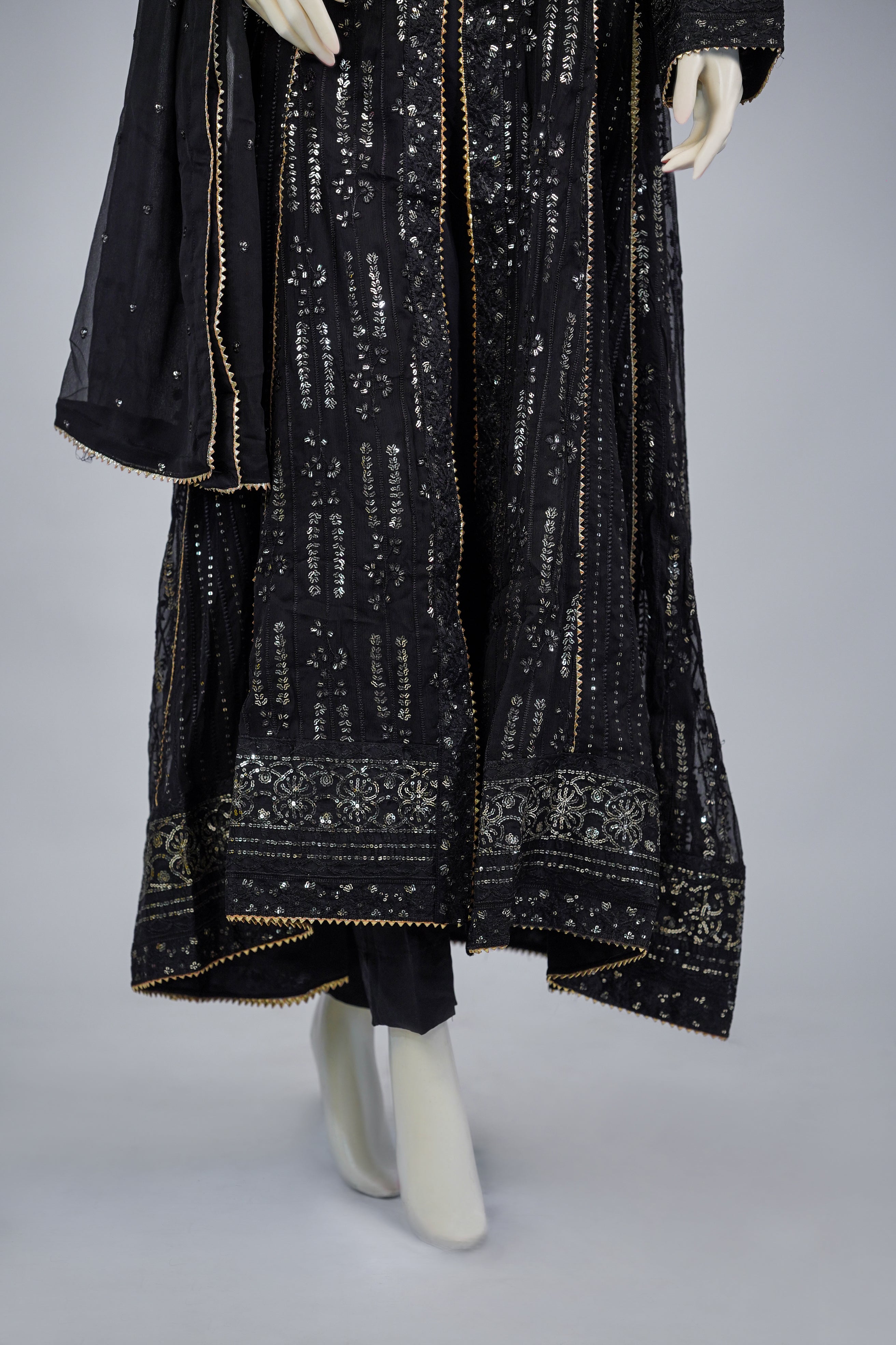 Unicorn – 3pcs Embroidered Chiffon Maxi Set with Dupatta & China Silk Trousers