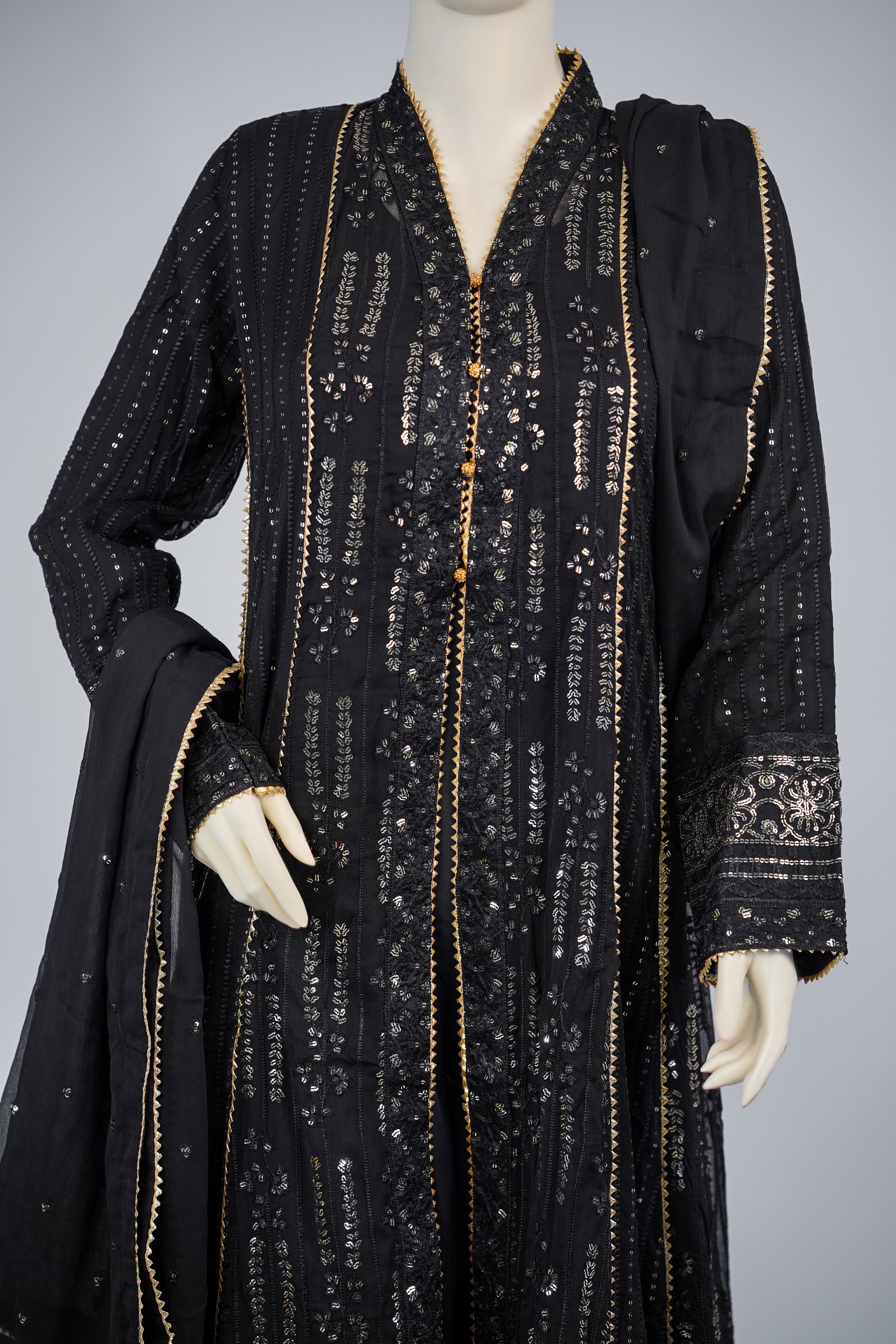 Unicorn – 3pcs Embroidered Chiffon Maxi Set with Dupatta & China Silk Trousers