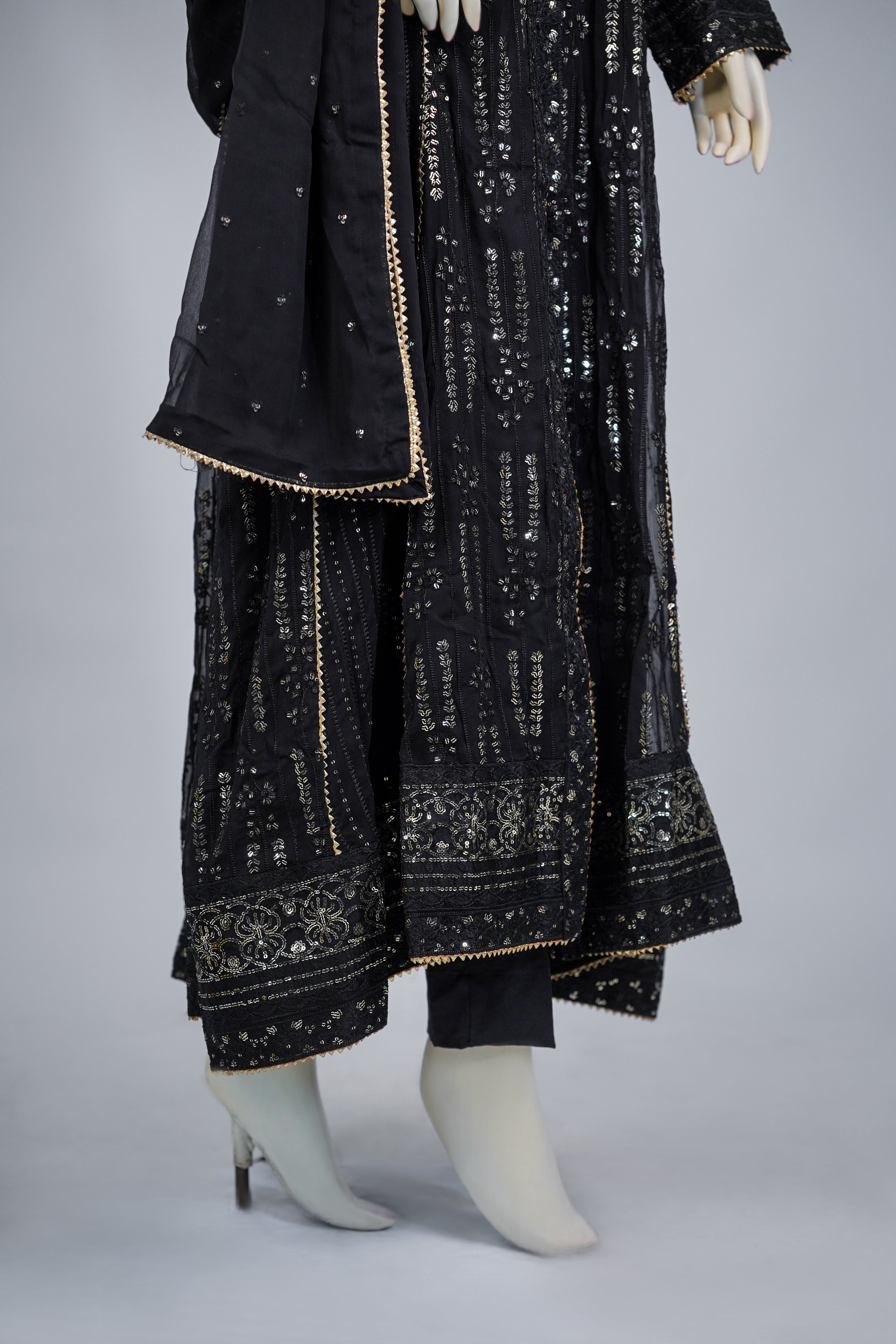 Unicorn – 3pcs Embroidered Chiffon Maxi Set with Dupatta & China Silk Trousers