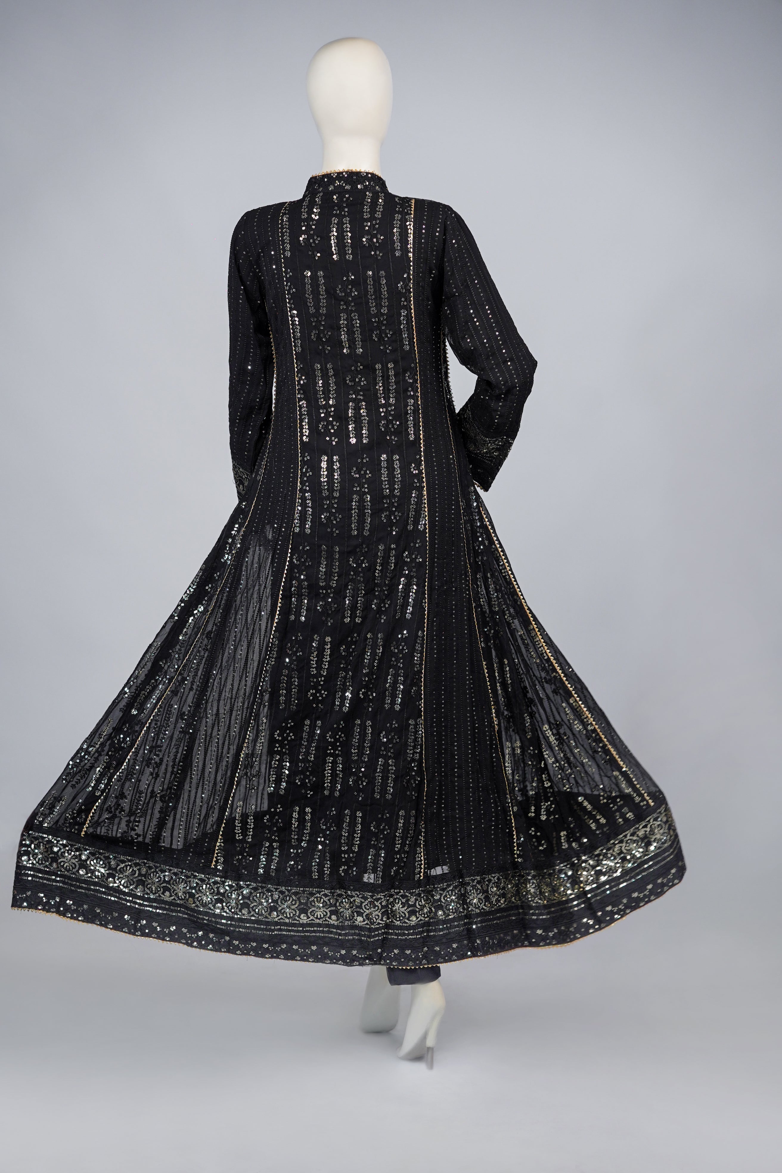 Unicorn – 3pcs Embroidered Chiffon Maxi Set with Dupatta & China Silk Trousers