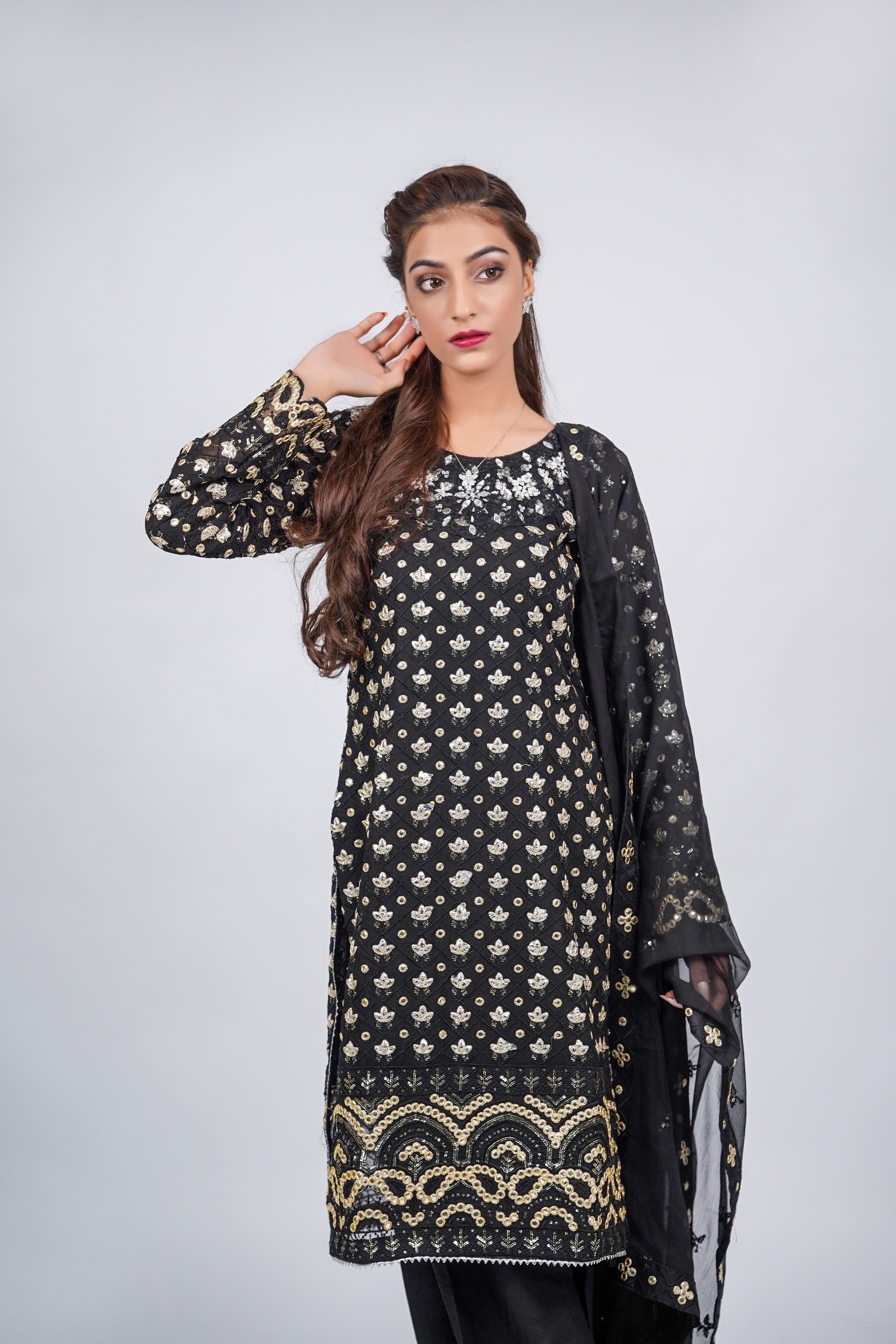 Mahir – 3pcs Embroidered Chiffon Shirt with Farshi Shalwar & Dupatta