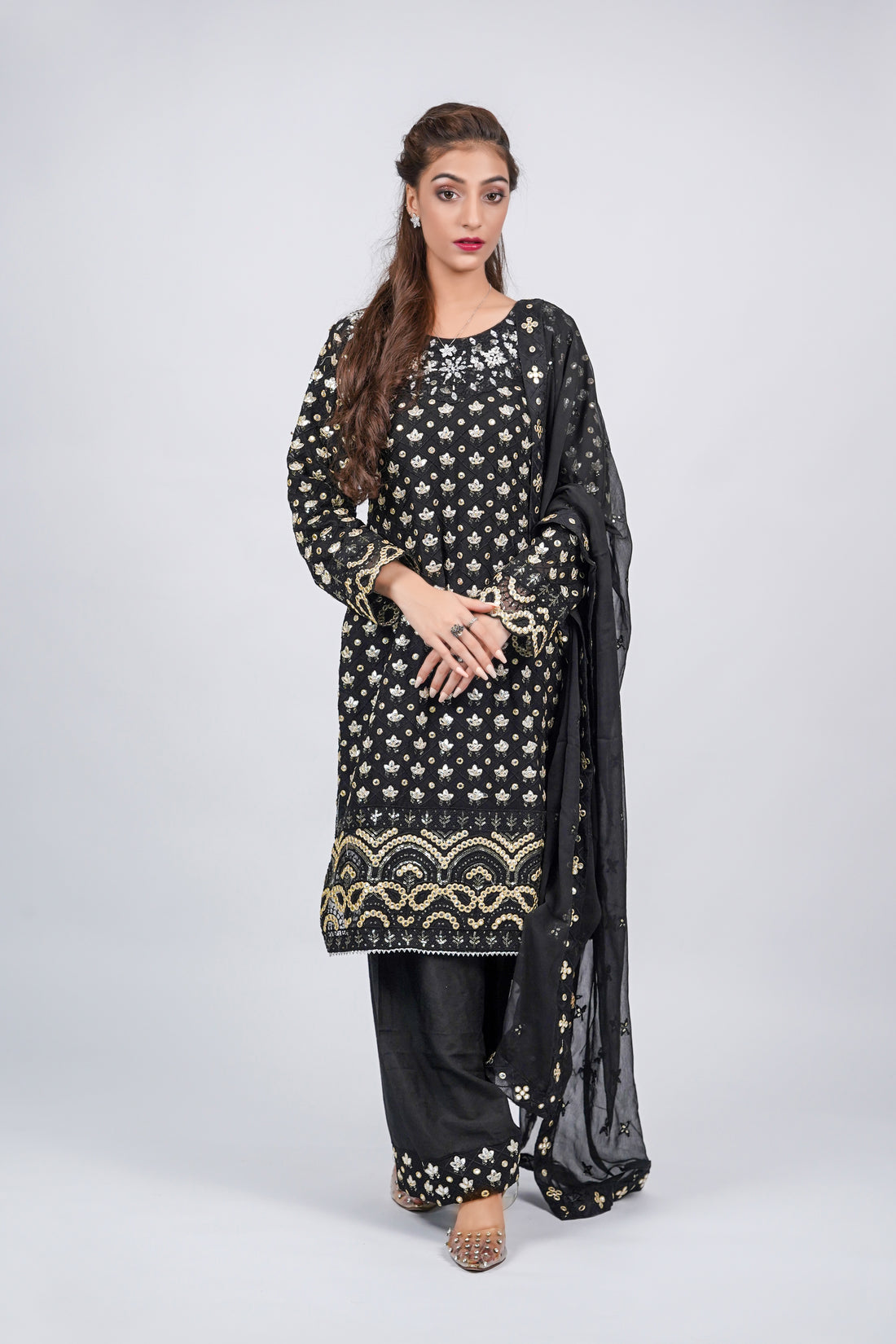 Mahir – 3pcs Embroidered Chiffon Shirt with Farshi Shalwar & Dupatta