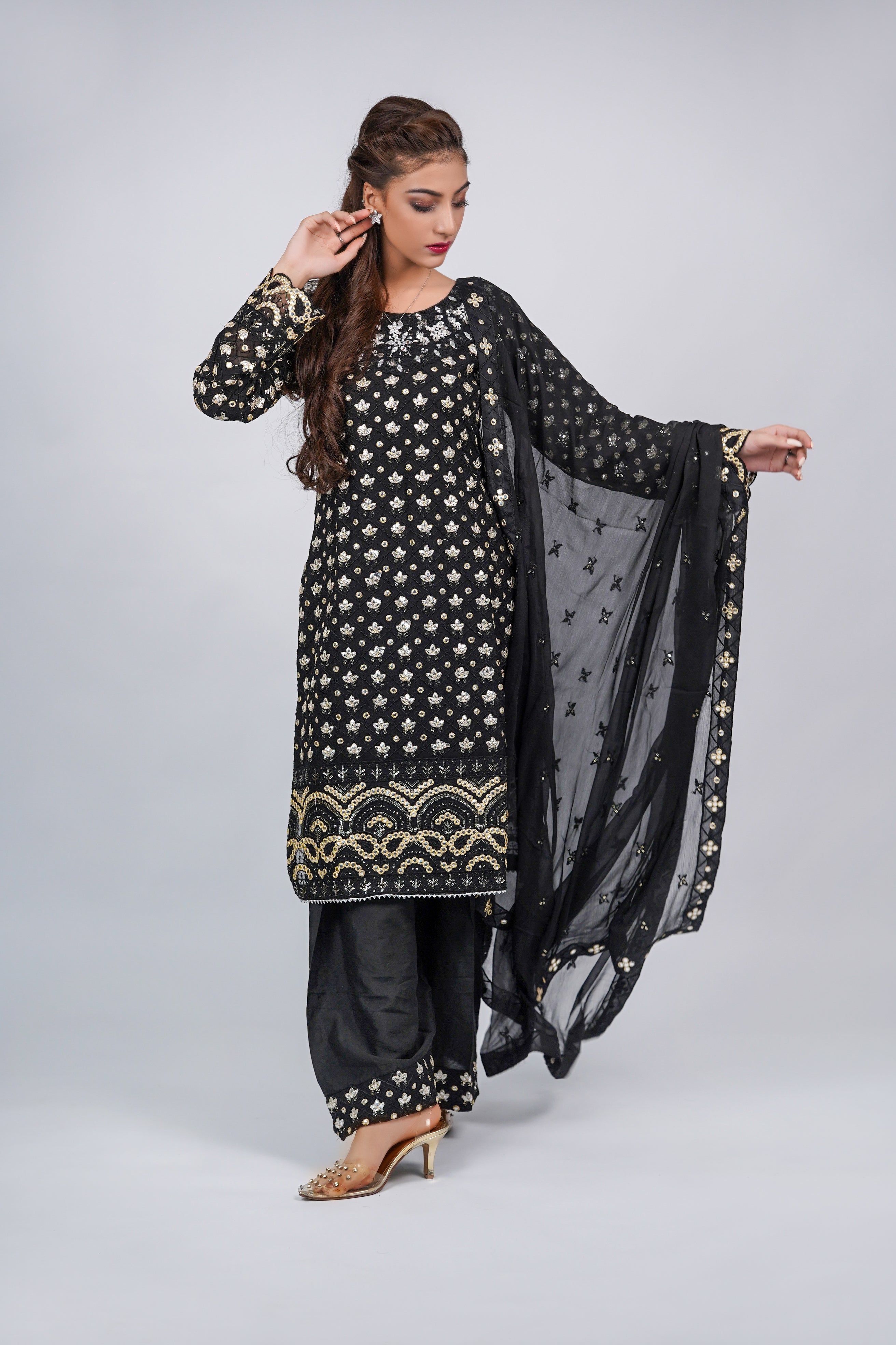 Mahir – 3pcs Embroidered Chiffon Shirt with Farshi Shalwar & Dupatta