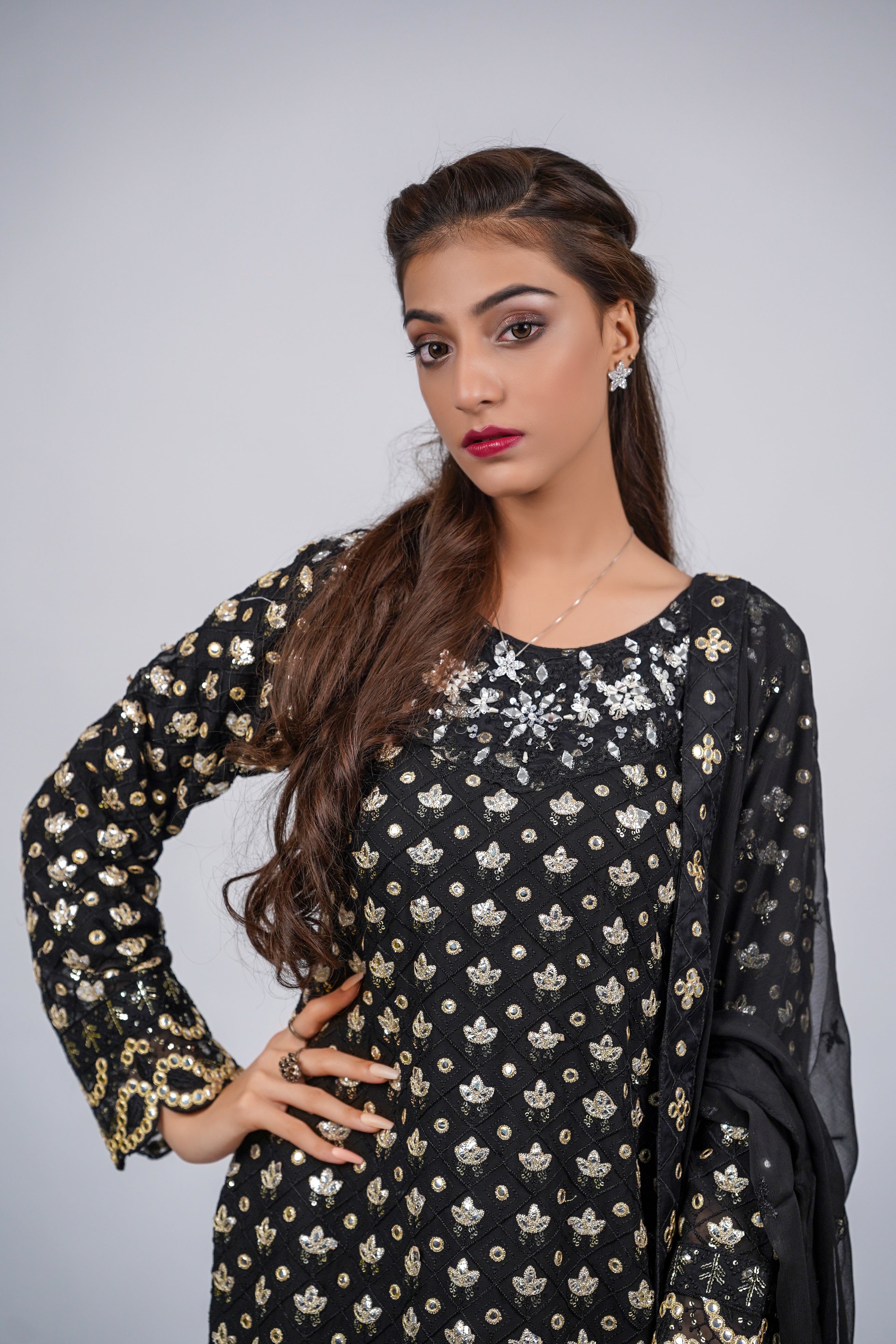 Mahir – 3pcs Embroidered Chiffon Shirt with Farshi Shalwar & Dupatta