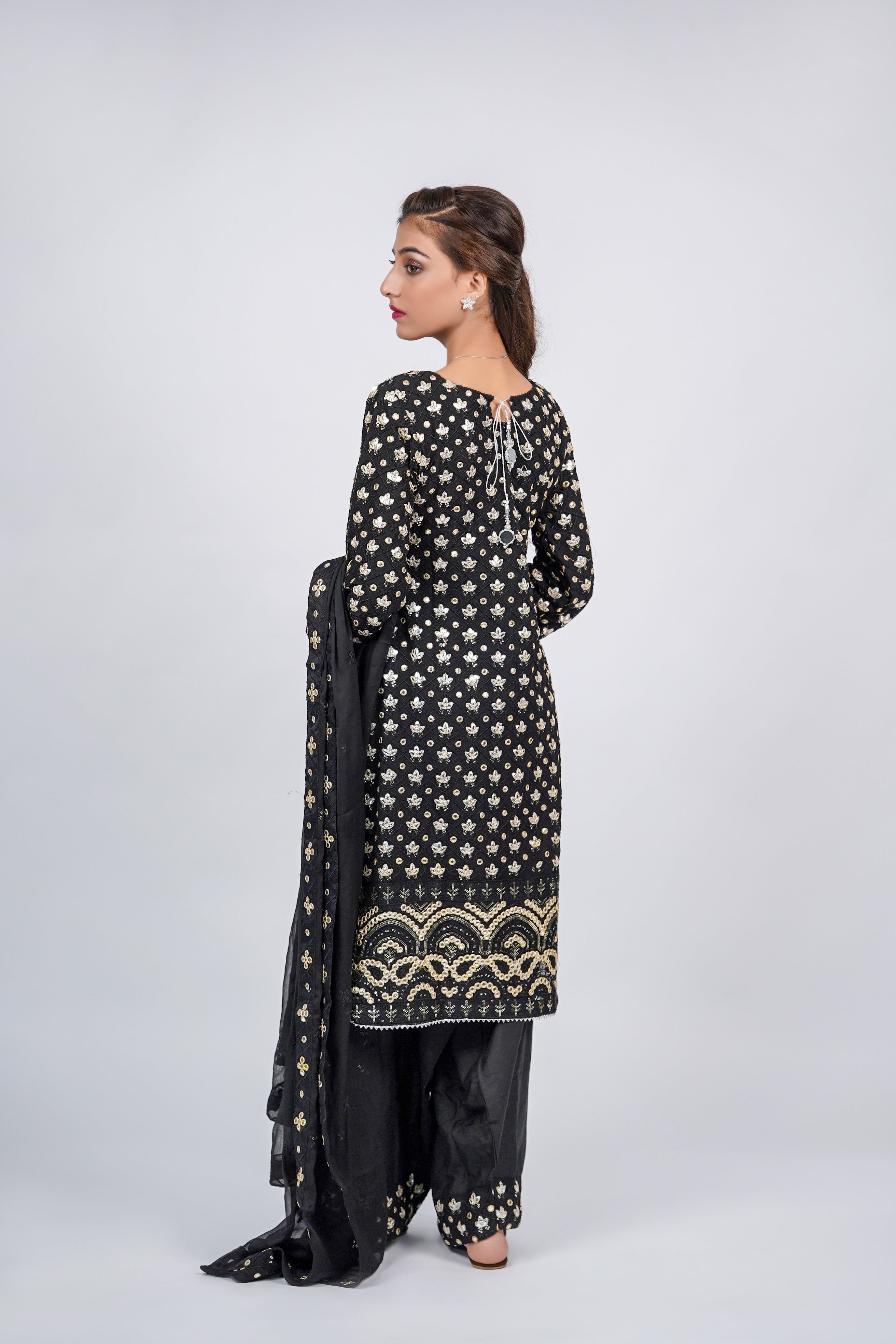 Mahir – 3pcs Embroidered Chiffon Shirt with Farshi Shalwar & Dupatta